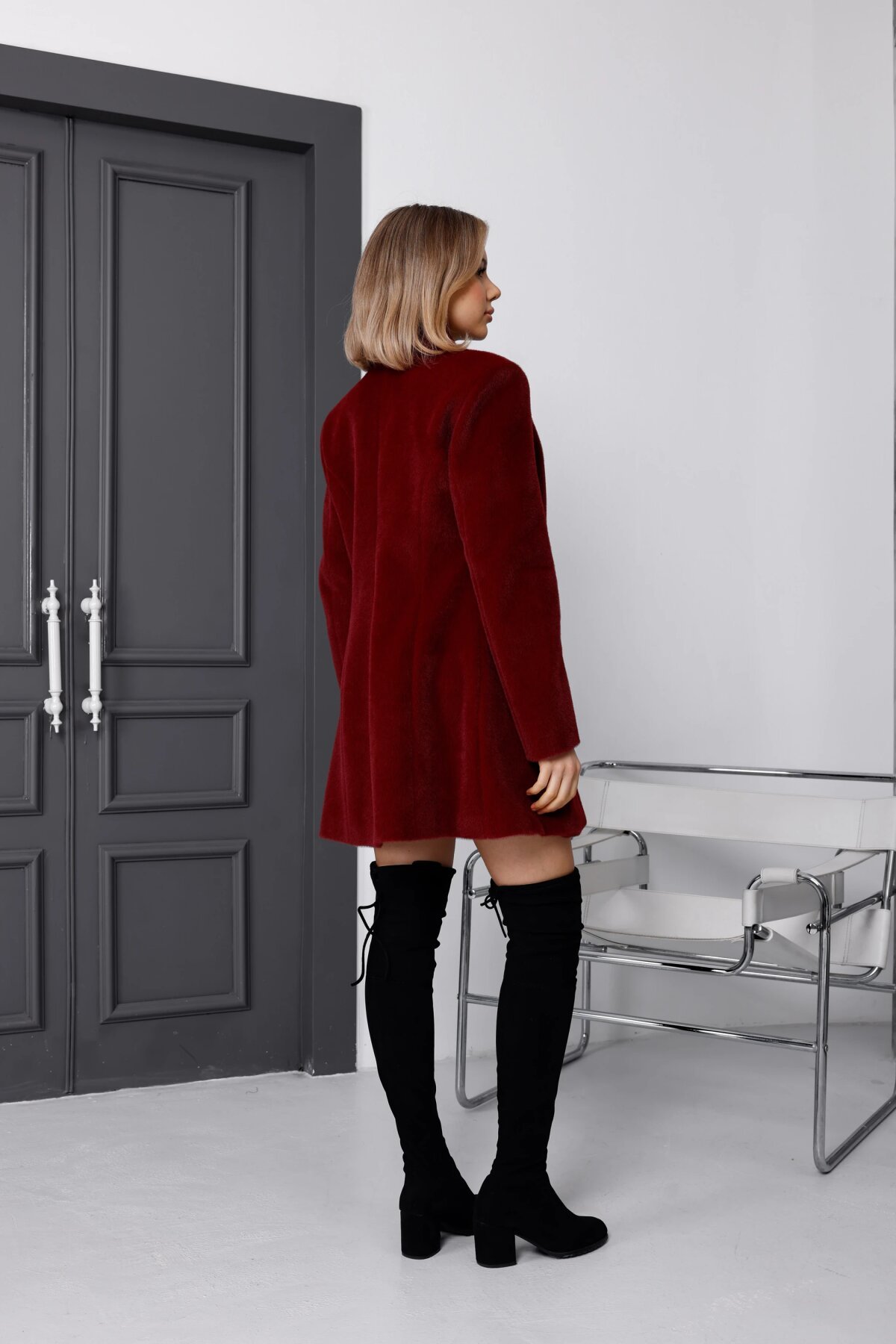 Bordo Fox Kumaş Midi Boy Heybe Cep Tüylü Kaban - Milamia
