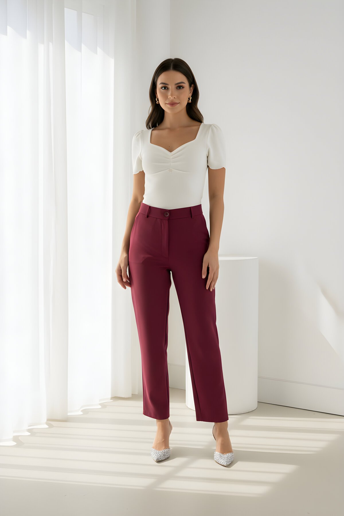 Bordo Klasik Bilek Boy Dar Paça Havuç Pantolon - Milamia