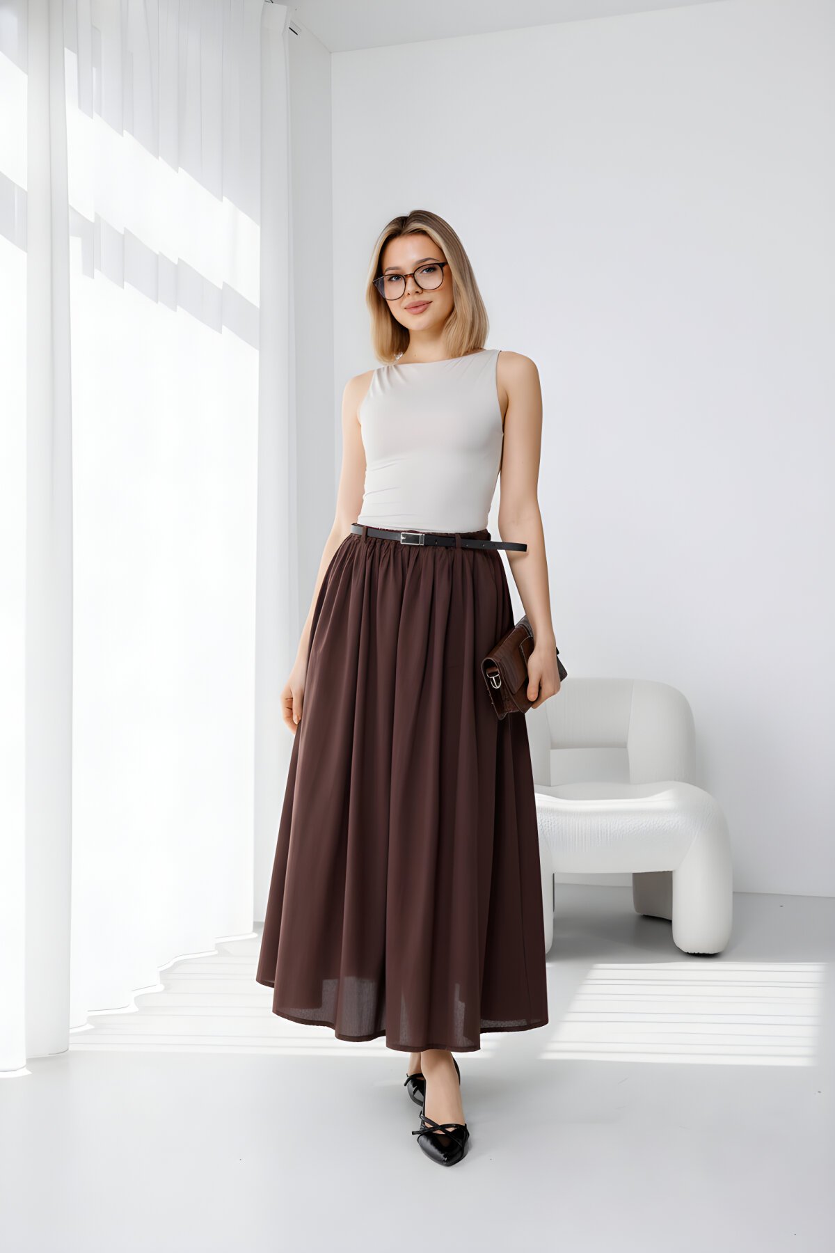 Bordo Vual Keten Kemerli İç Astarlı Etek - Milamia