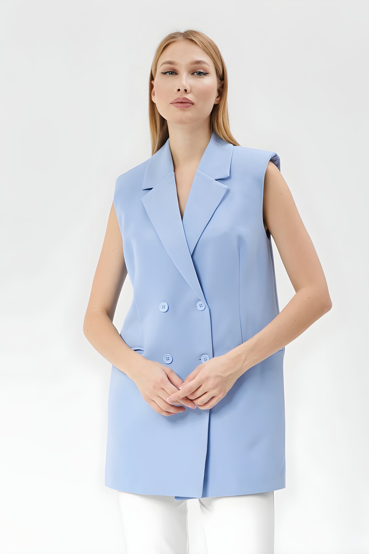 Buz Mavi Klasik Vintage Düğmeli Yelek - Milamia