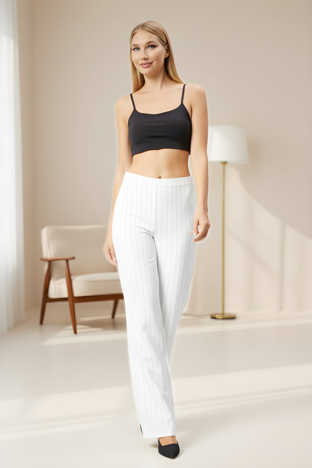 Ekru Çizgili Bol Paça Kumaş Pantolon - Milamia