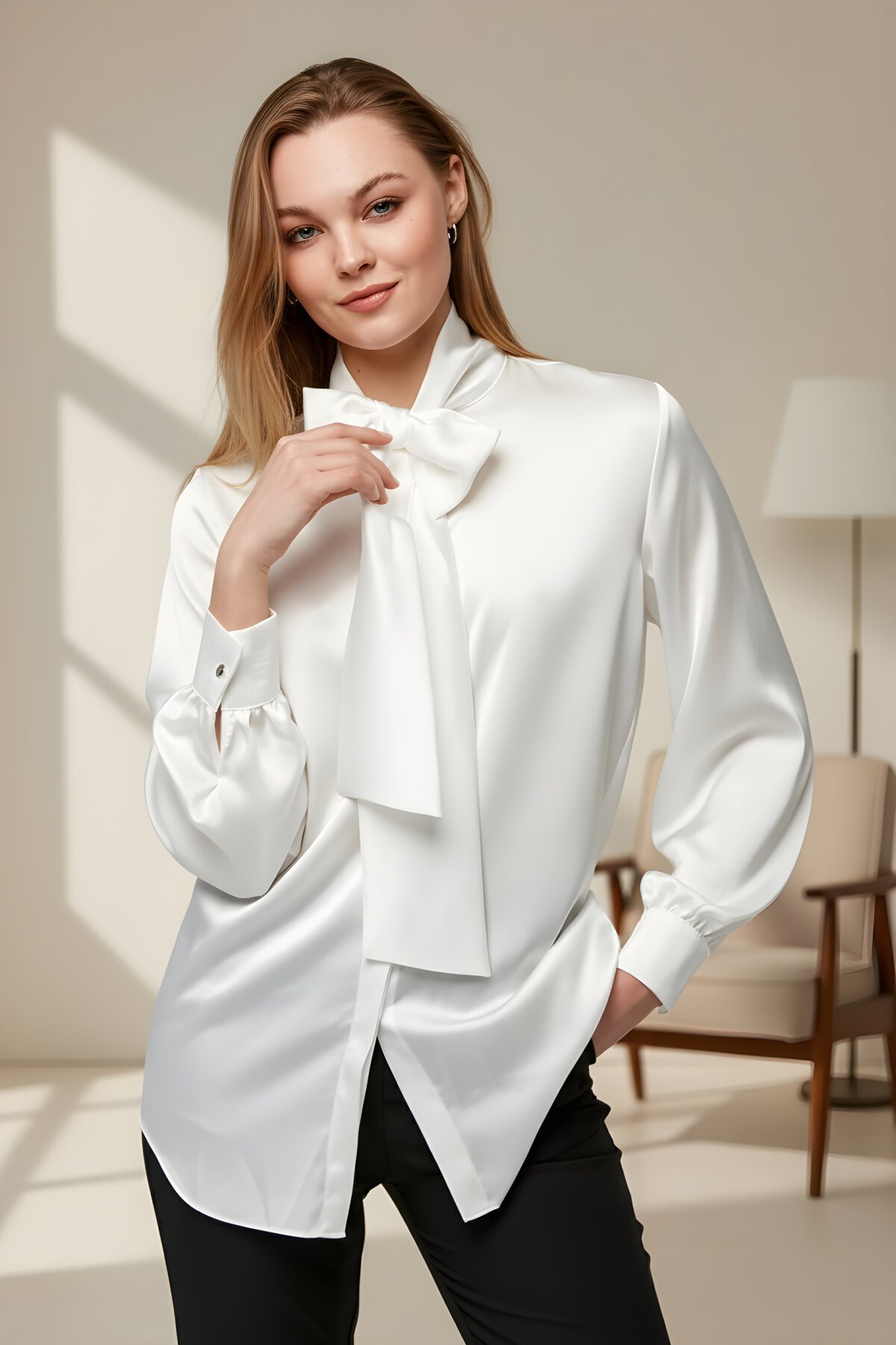 Ekru Düz Klasik Saten Fiyonklu Gömlek - Milamia