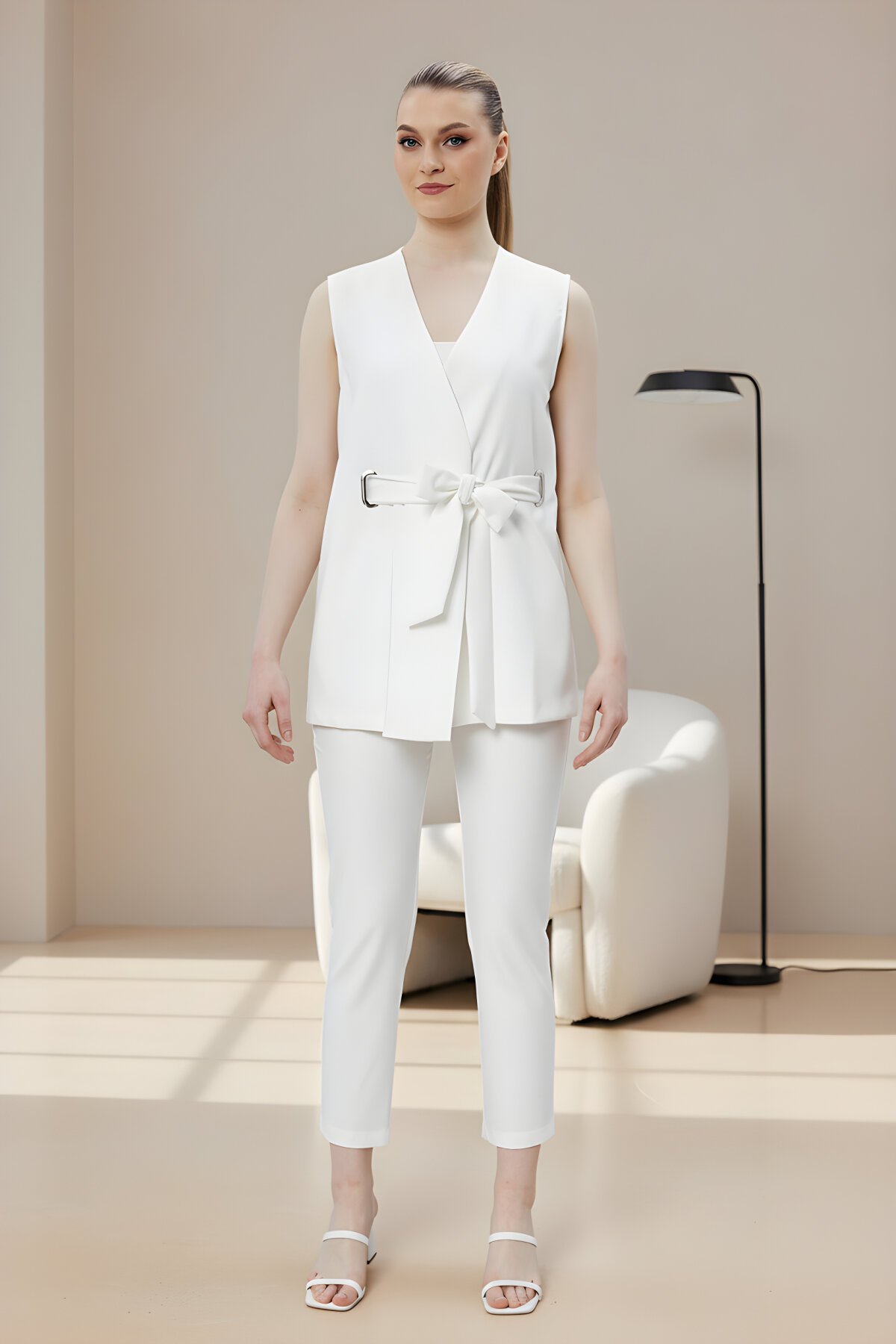 Ekru İkili Tokalı Kuşaklı Yelek Pantolon Takım - Milamia