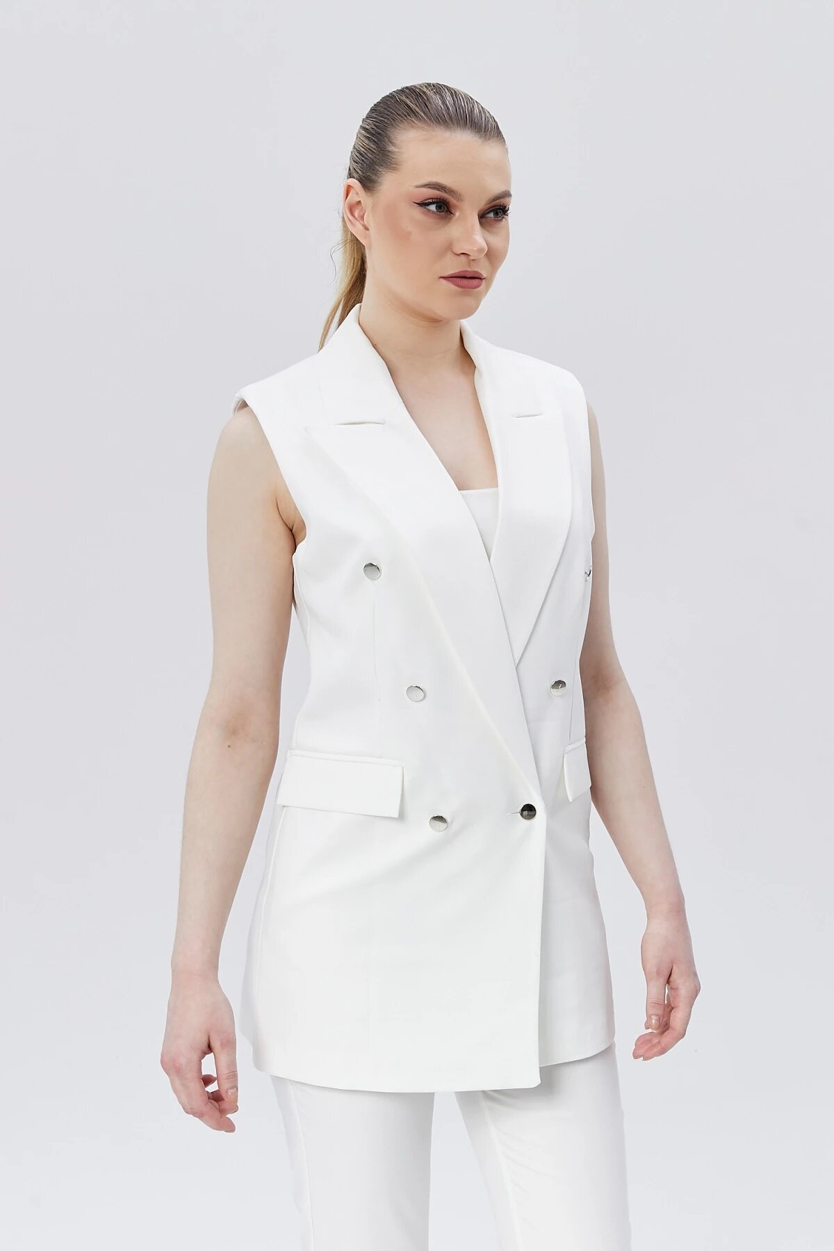 Classic Vintage Buttoned Vest - Ecru - Milamia