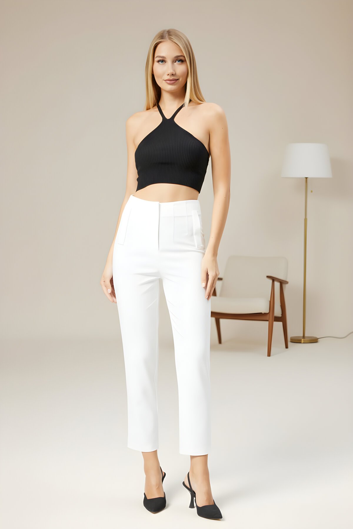 Ekru Yüksek Bel Dar Paça Bilek Boy Cep Detaylı Kumaş Pantolon - Milamia