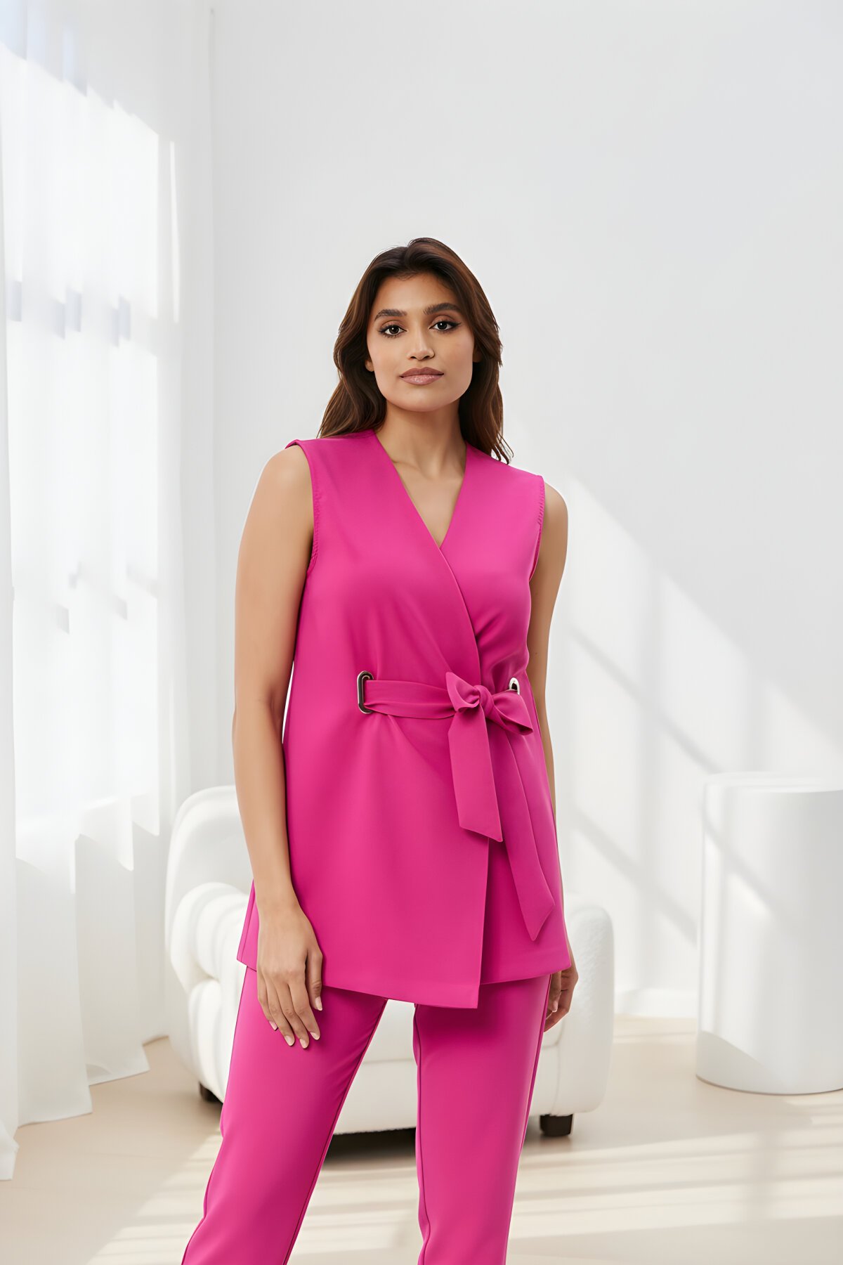 Fuşya İkili Tokalı Kuşaklı Yelek Pantolon Takım - Milamia