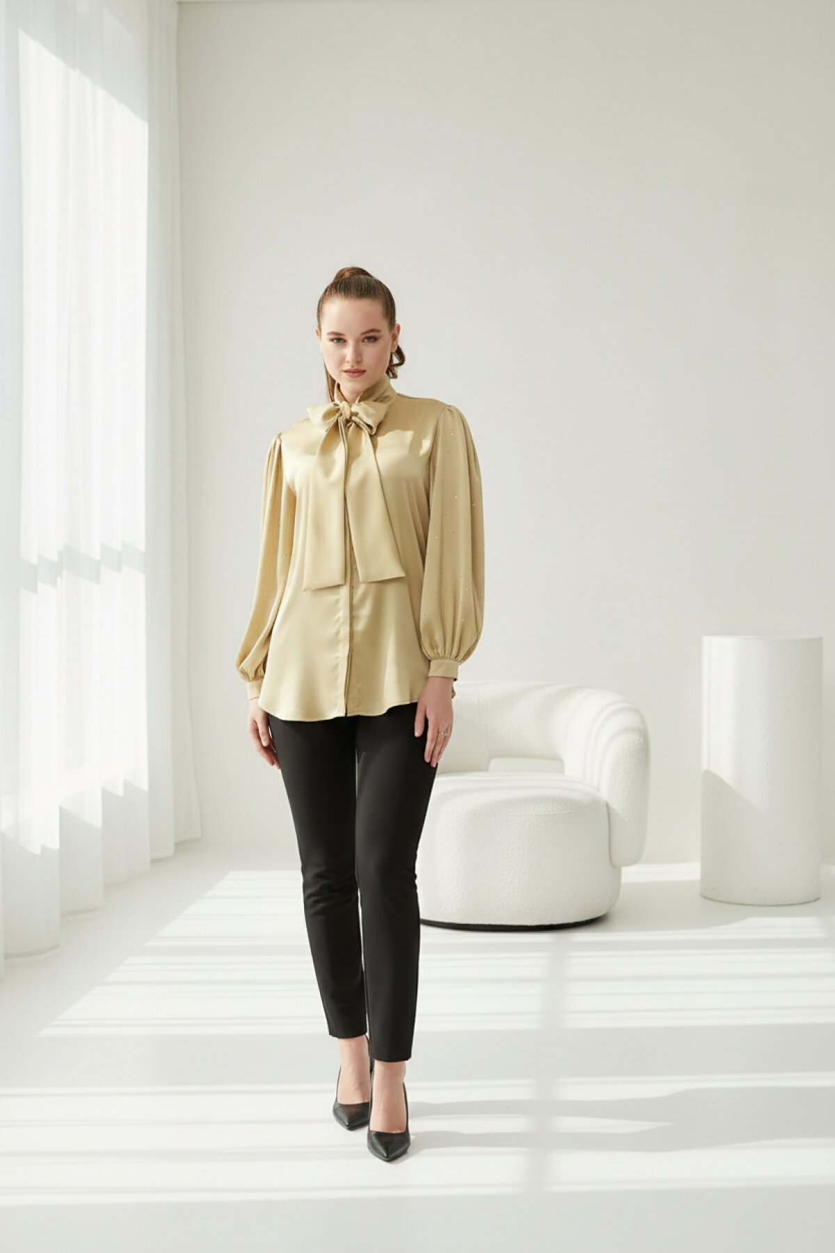 Balloon Sleeve Satin Bow and Stone Detail Shirt - Gold - Milamia