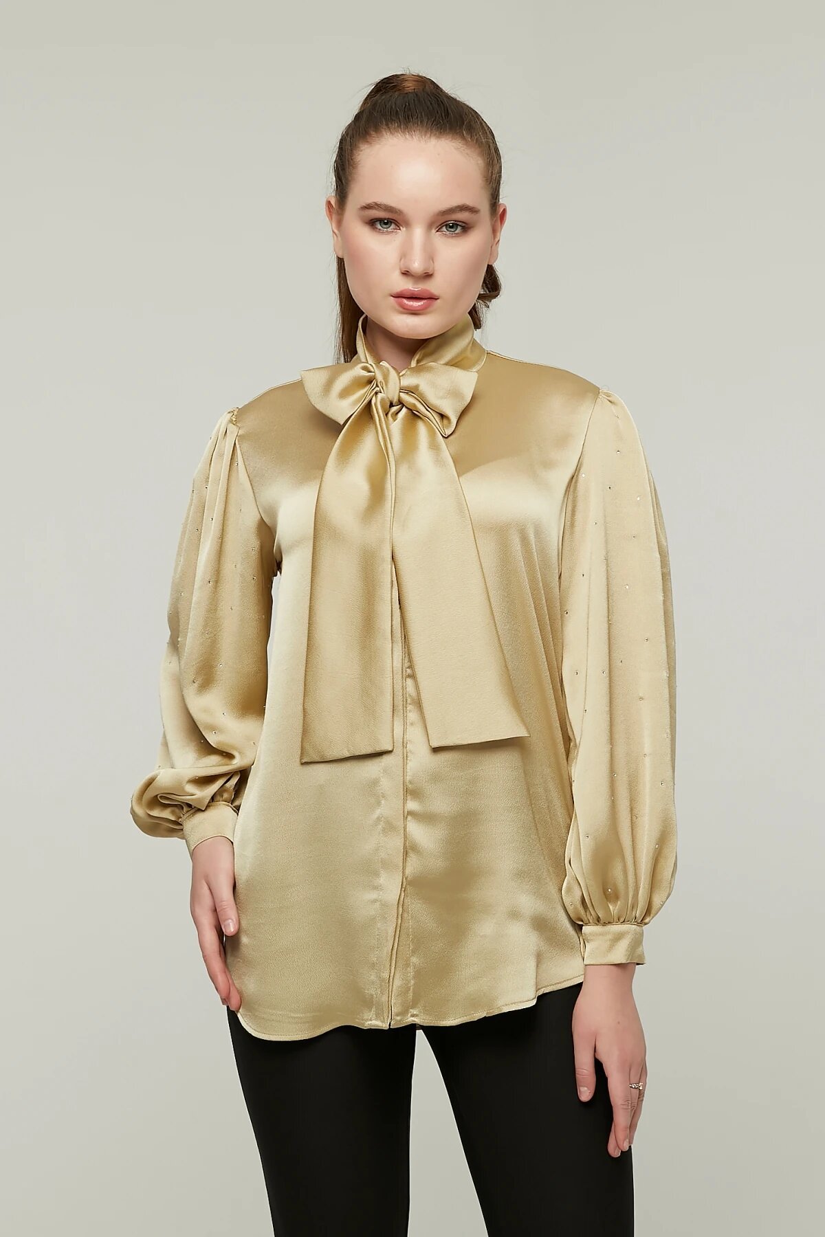 Balloon Sleeve Satin Bow and Stone Detail Shirt - Gold - Milamia