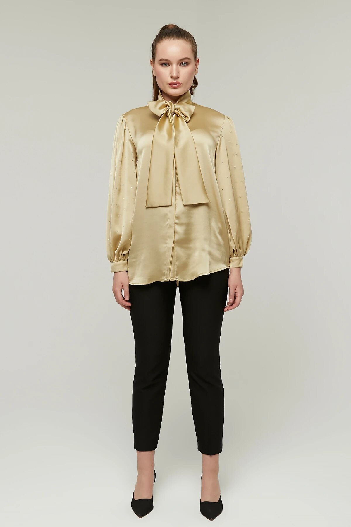 Balloon Sleeve Satin Bow and Stone Detail Shirt - Gold - Milamia