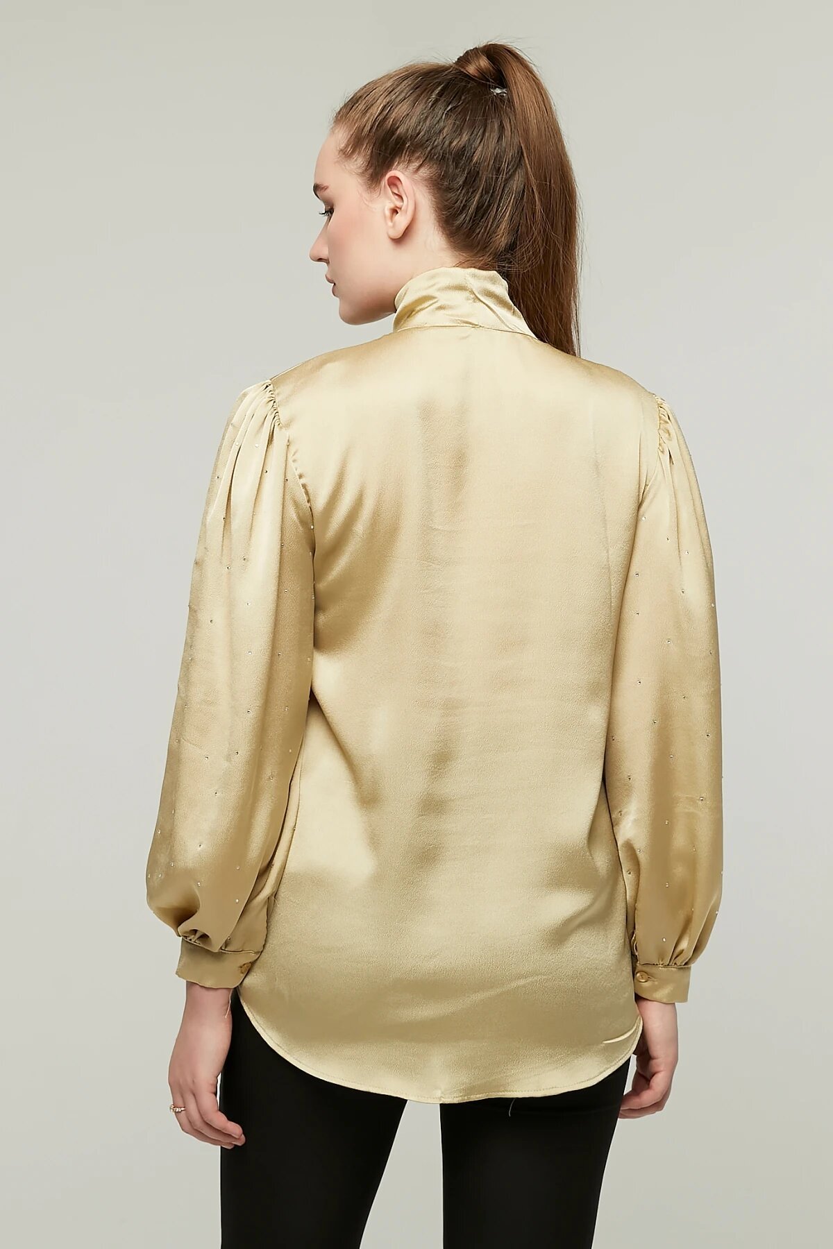 Balloon Sleeve Satin Bow and Stone Detail Shirt - Gold - Milamia