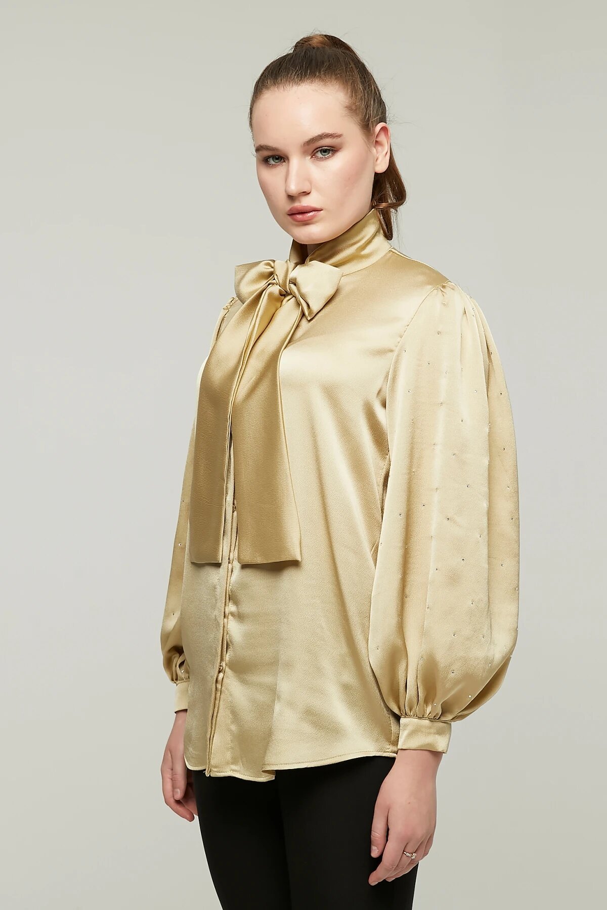 Balloon Sleeve Satin Bow and Stone Detail Shirt - Gold - Milamia