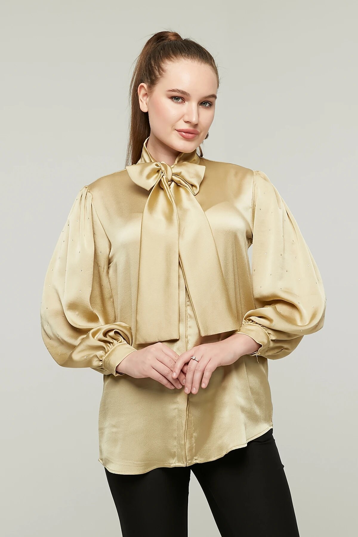 Balloon Sleeve Satin Bow and Stone Detail Shirt - Gold - Milamia