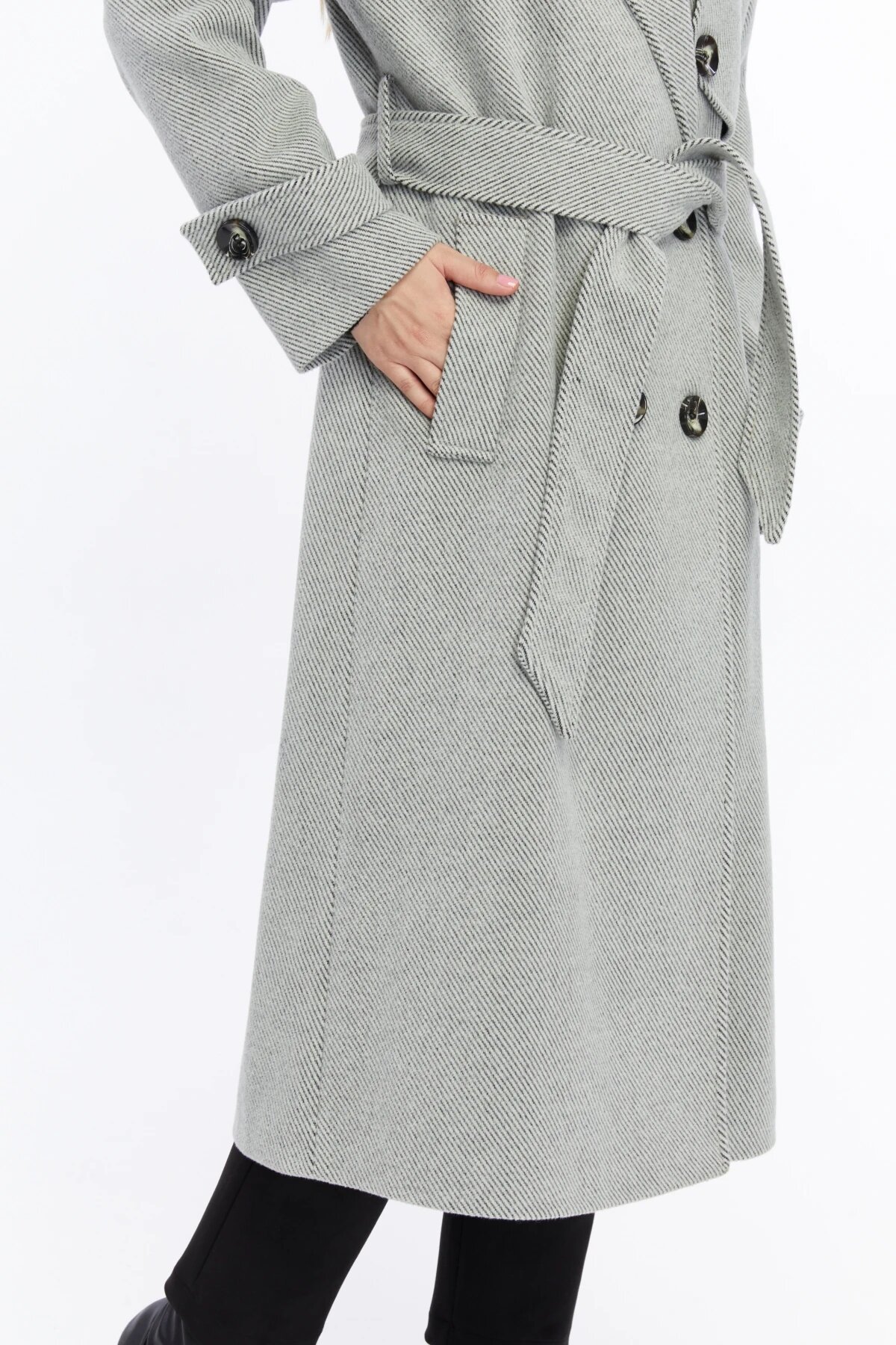 Long Striped Wool-blend Winter Coat - Grey - Milamia