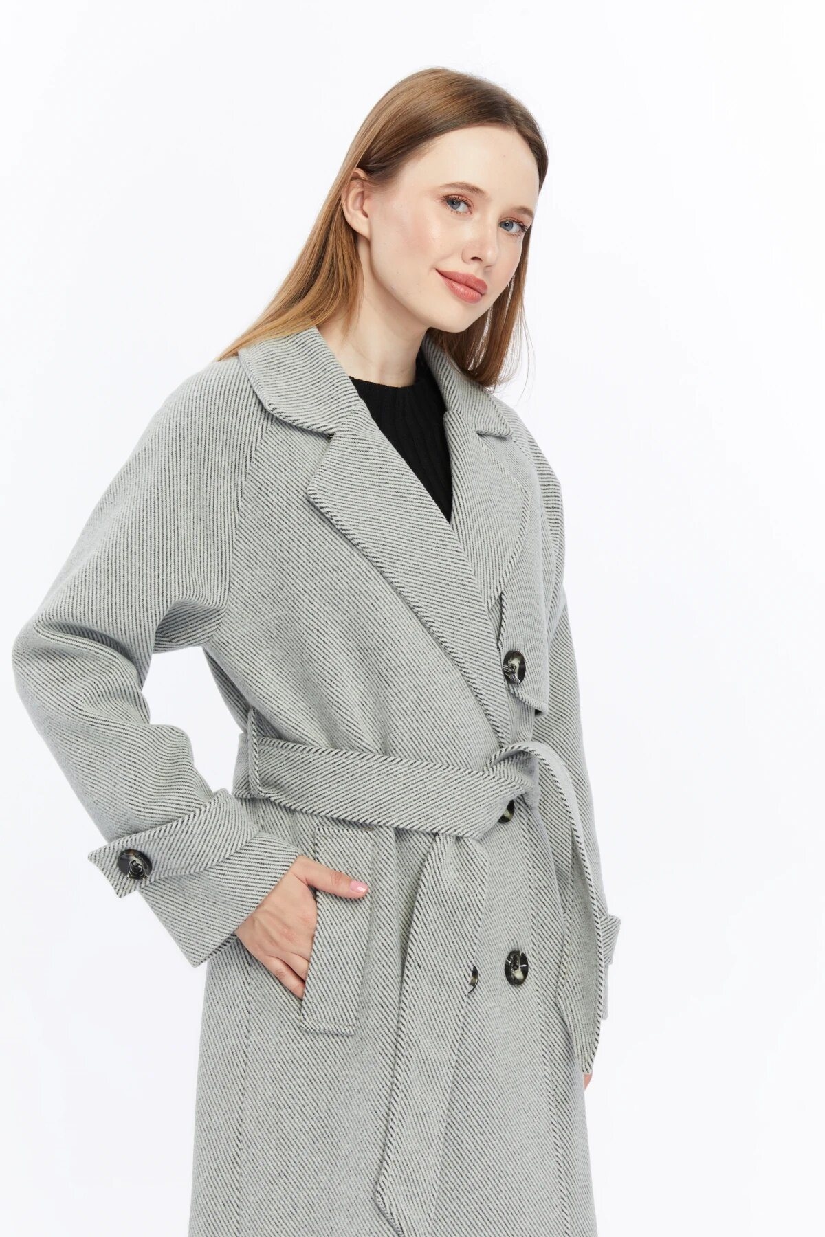Long Striped Wool-blend Winter Coat - Grey - Milamia