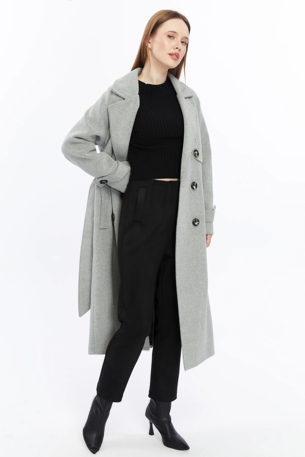 Long Striped Wool-blend Winter Coat - Grey - Milamia