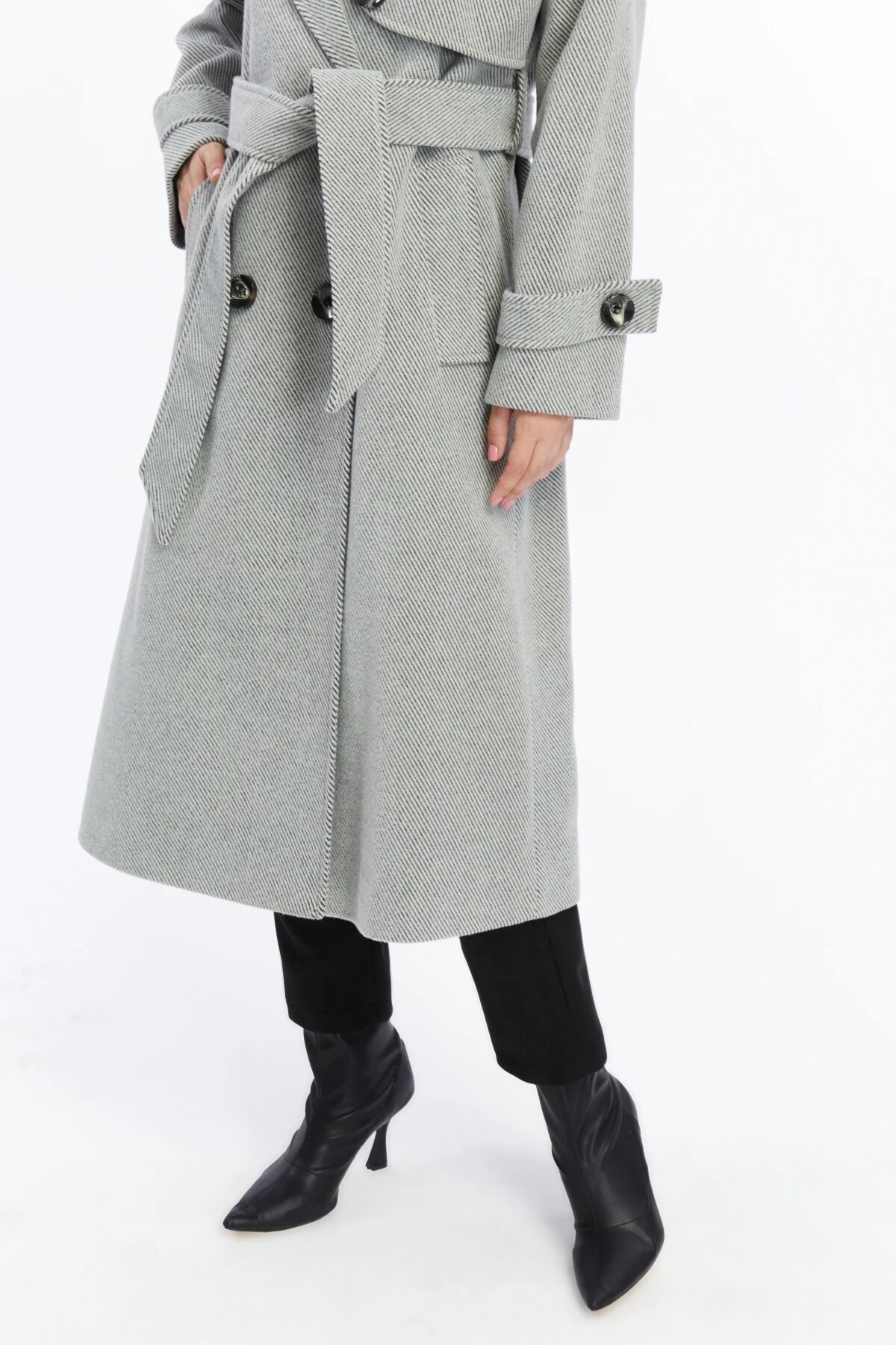 Long Striped Wool-blend Winter Coat - Grey - Milamia