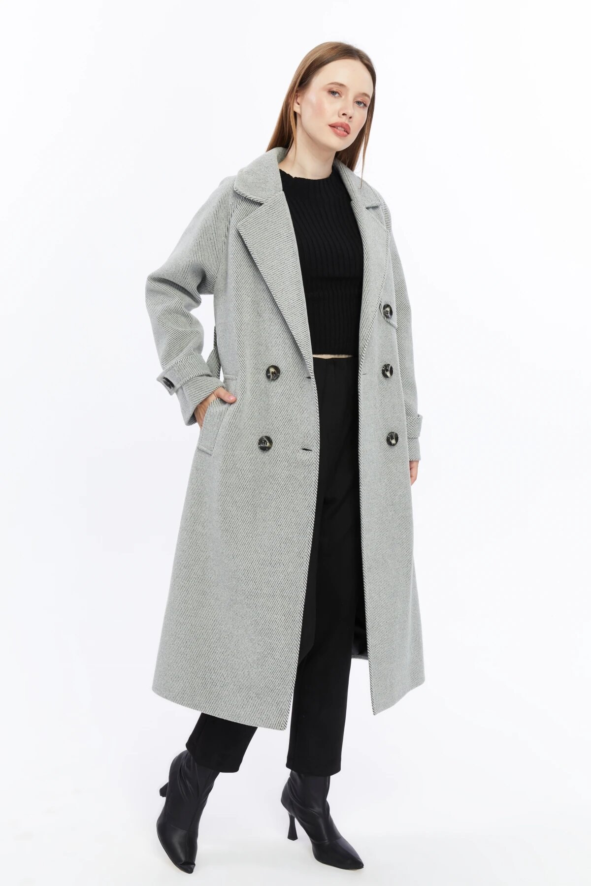 Long Striped Wool-blend Winter Coat - Grey - Milamia
