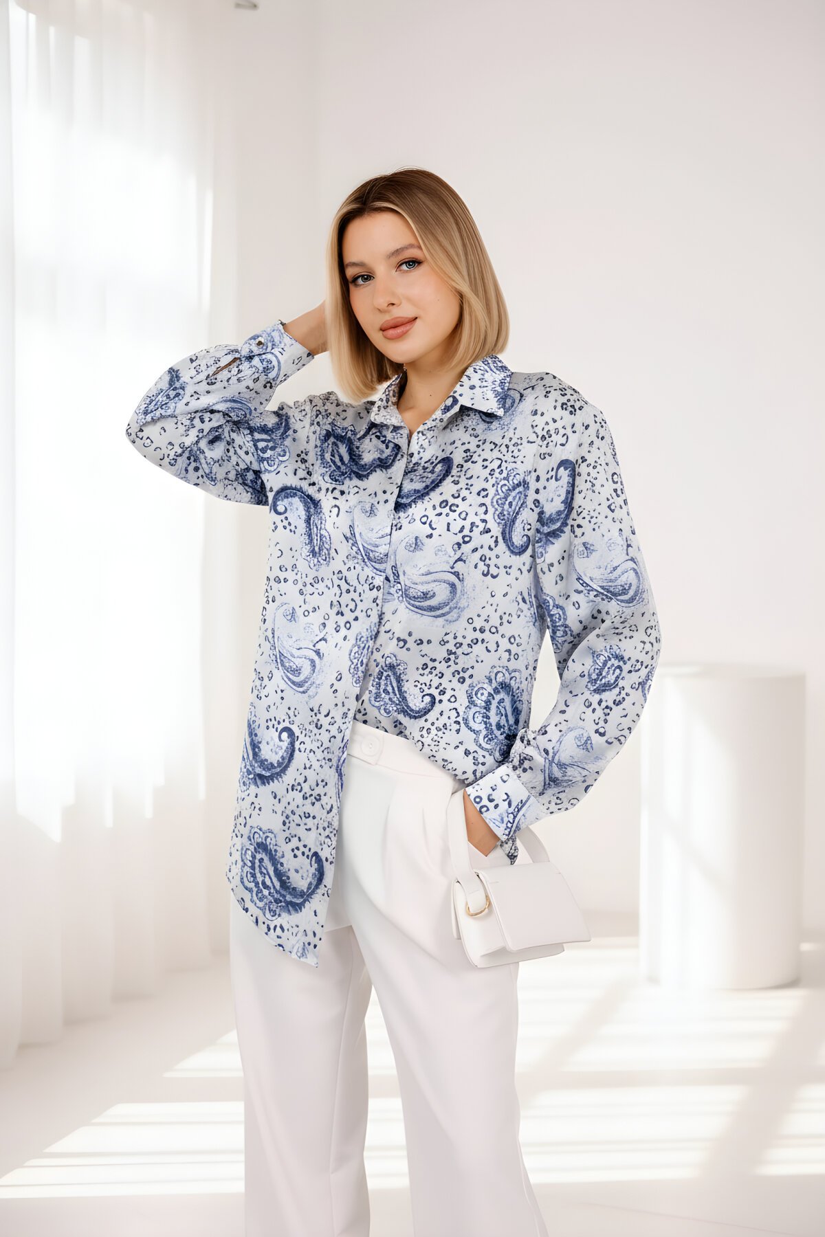 İndigo Dijital Baskı Desenli Saten Gömlek - Milamia