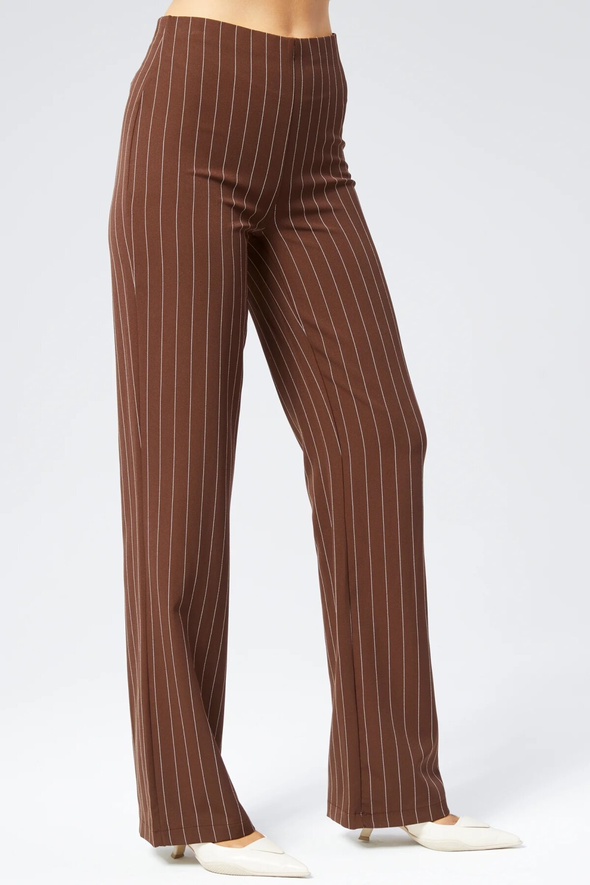 Wide Leg Striped Fabric Pants - Brown - Milamia