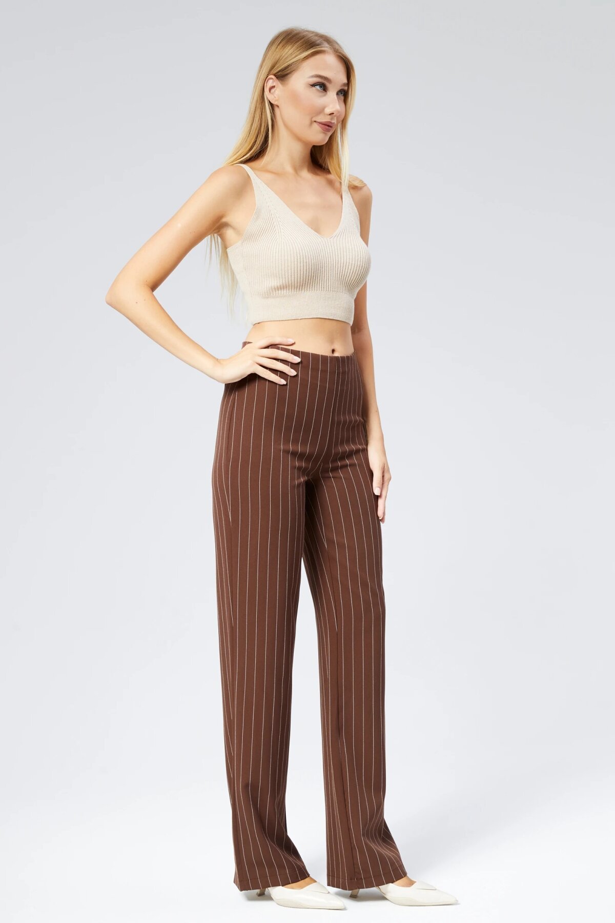 Wide Leg Striped Fabric Pants - Brown - Milamia