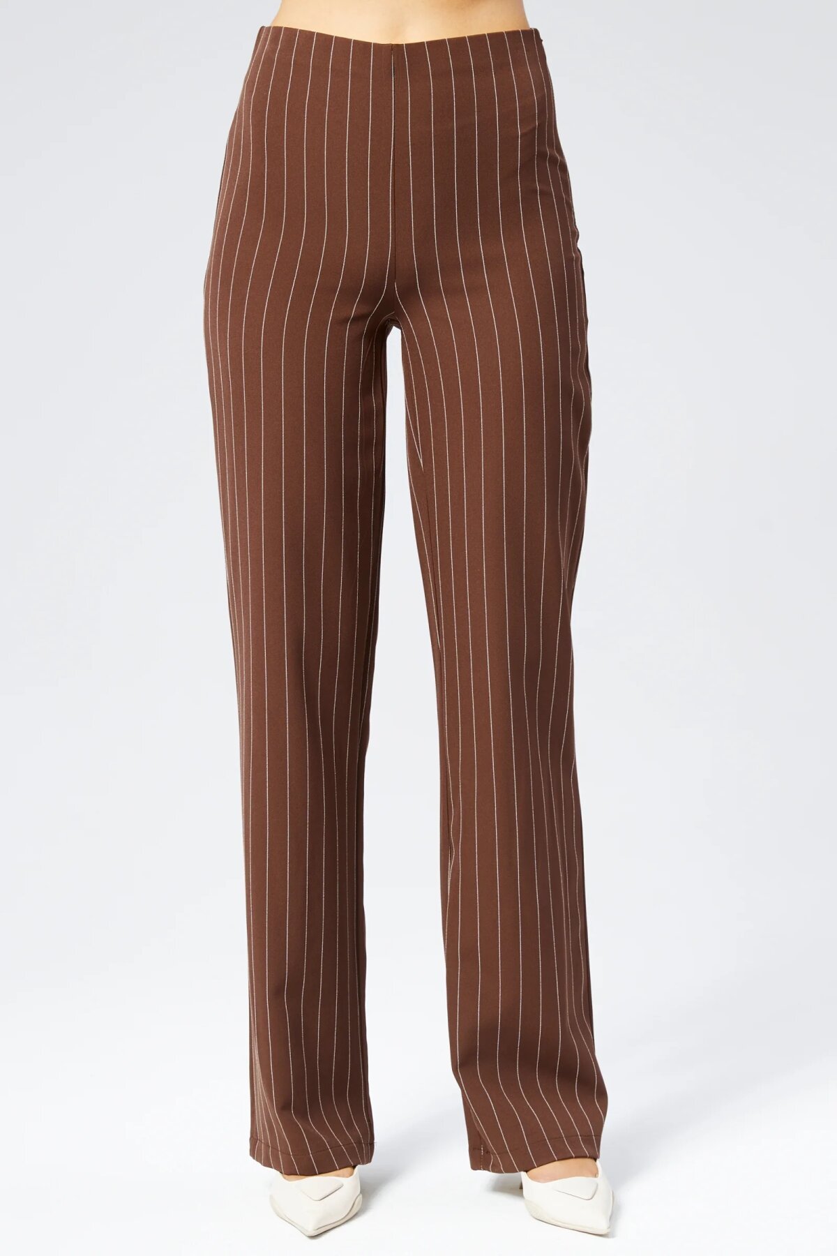 Wide Leg Striped Fabric Pants - Brown - Milamia