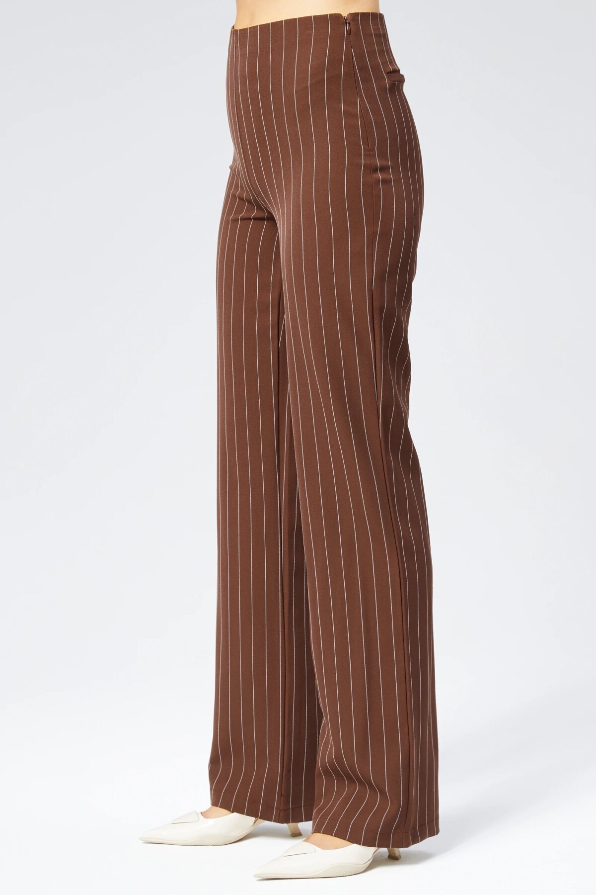 Wide Leg Striped Fabric Pants - Brown - Milamia