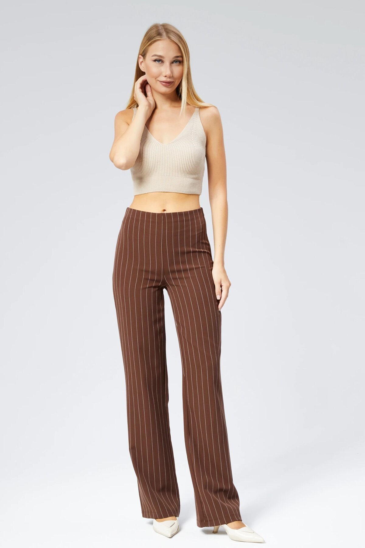 Wide Leg Striped Fabric Pants - Brown - Milamia