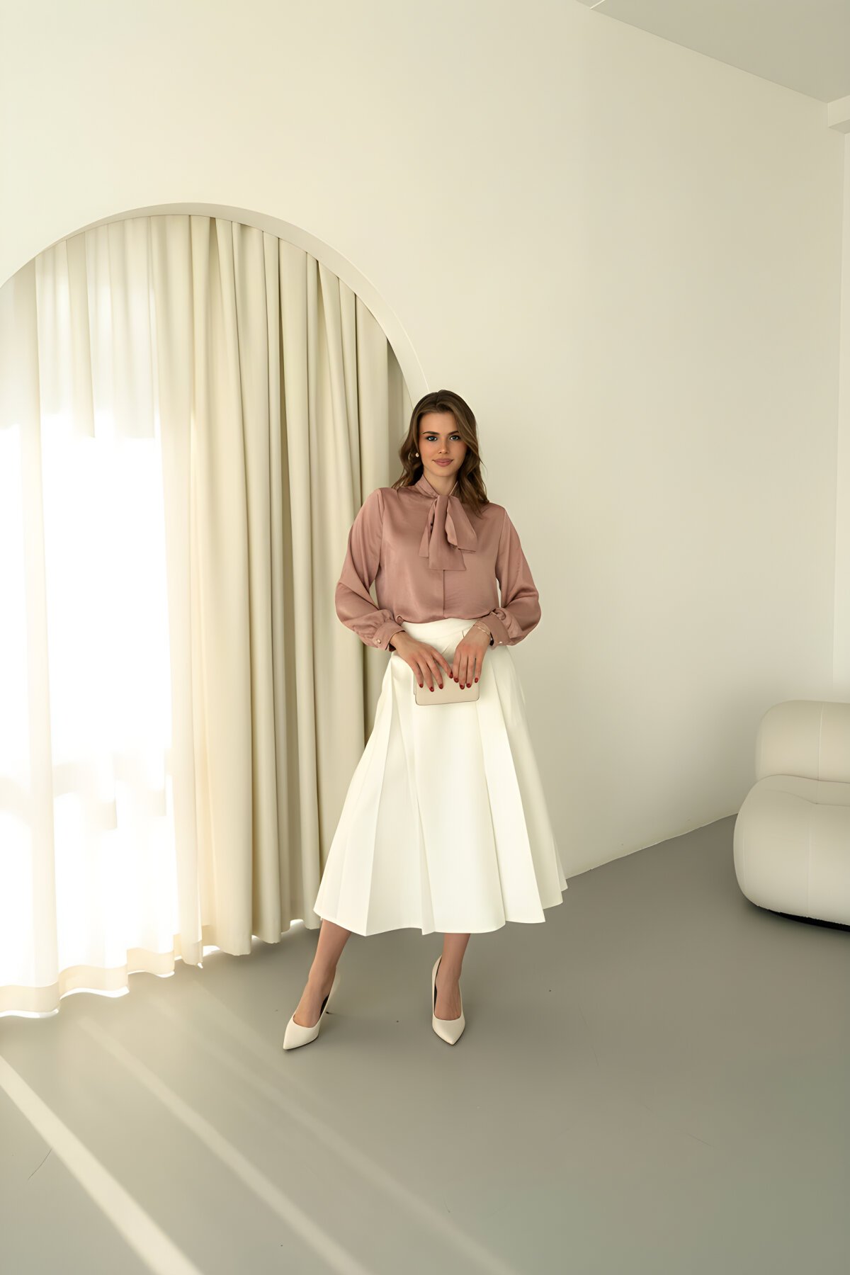 Koyu Pudra Düz Klasik Fiyonklu Saten Gömlek - Milamia