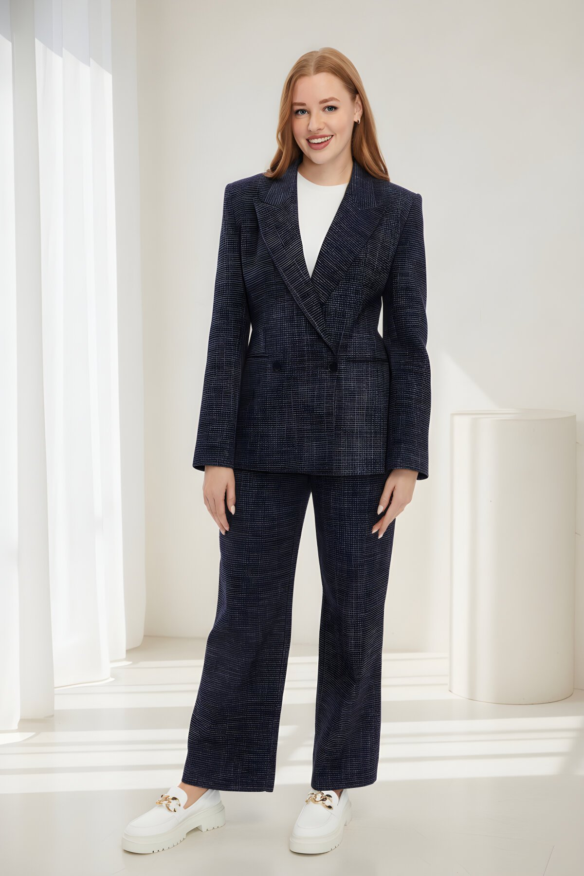 Lacivert Ekose Relax Kraş Kumaş İkili Elbise Tesettür Takım - Milamia