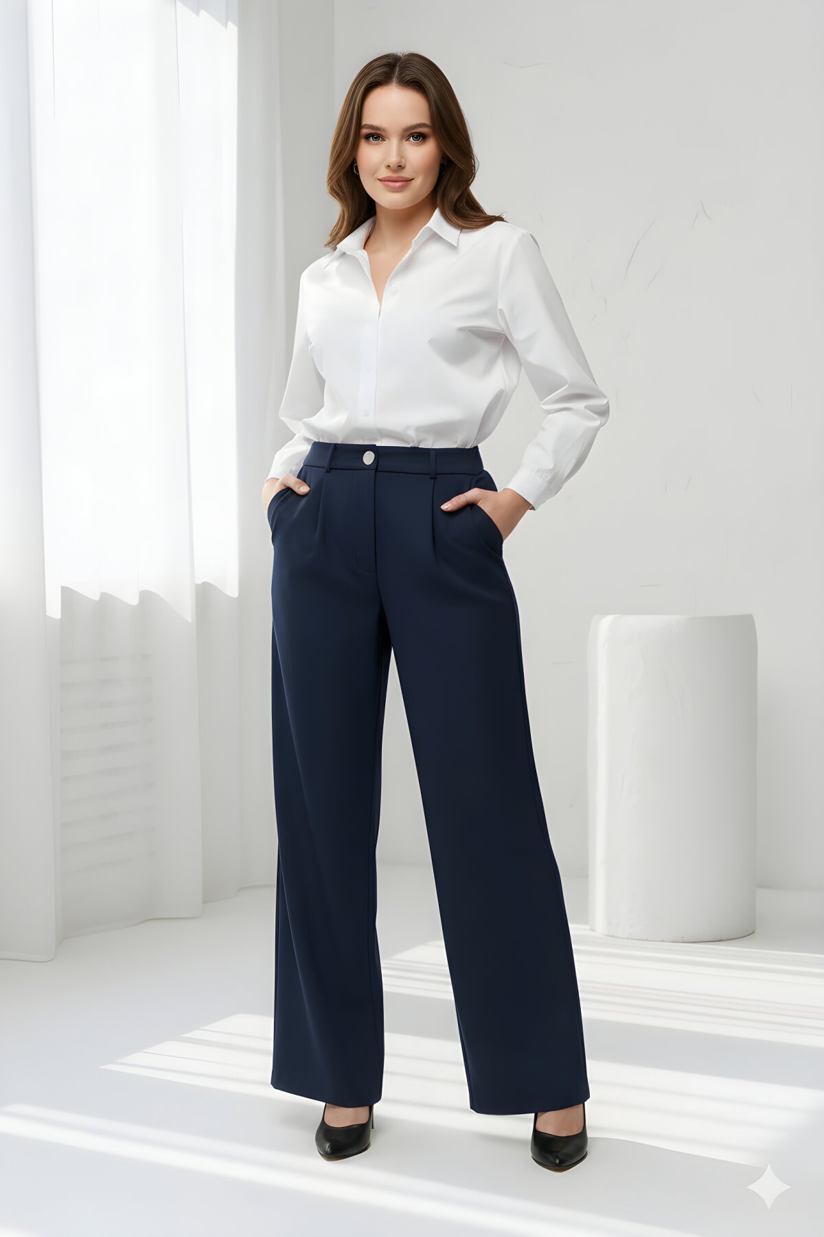 Lacivert Geniş Paça Palazzo Klasik Kumaş Cepli Pantolon - Milamia