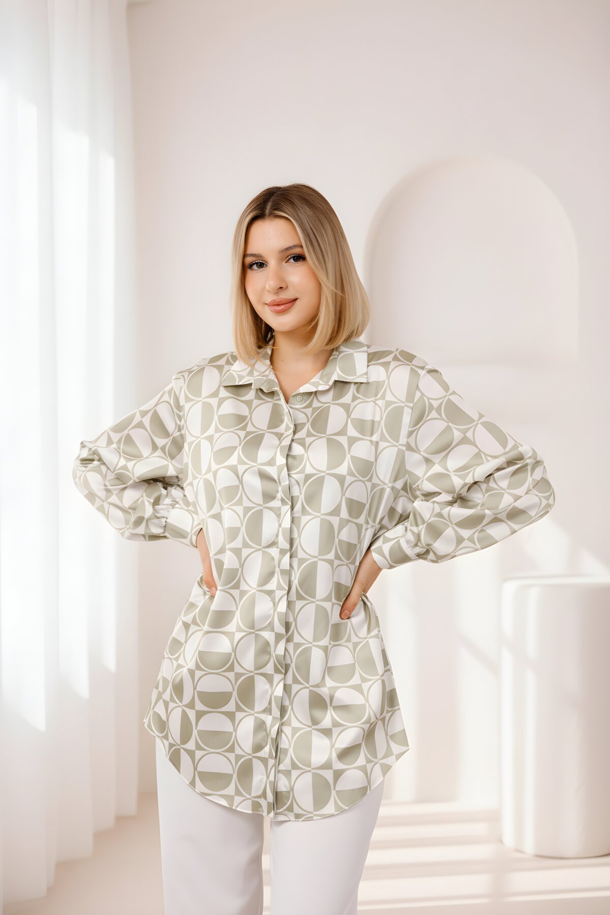 Mint Dijital Baskı Desenli Saten Gömlek - Milamia