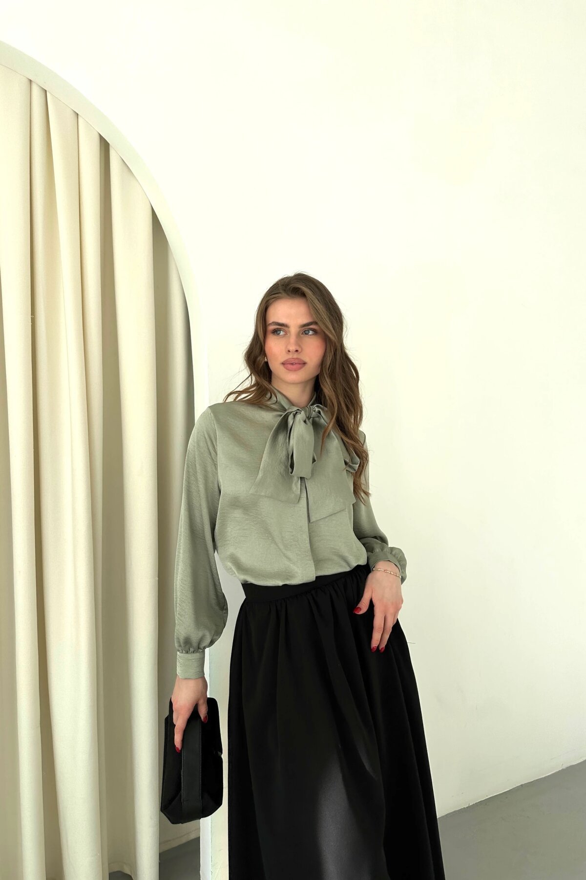 Classic Plain Satin Bow-Detail Shirt - Mint - Milamia