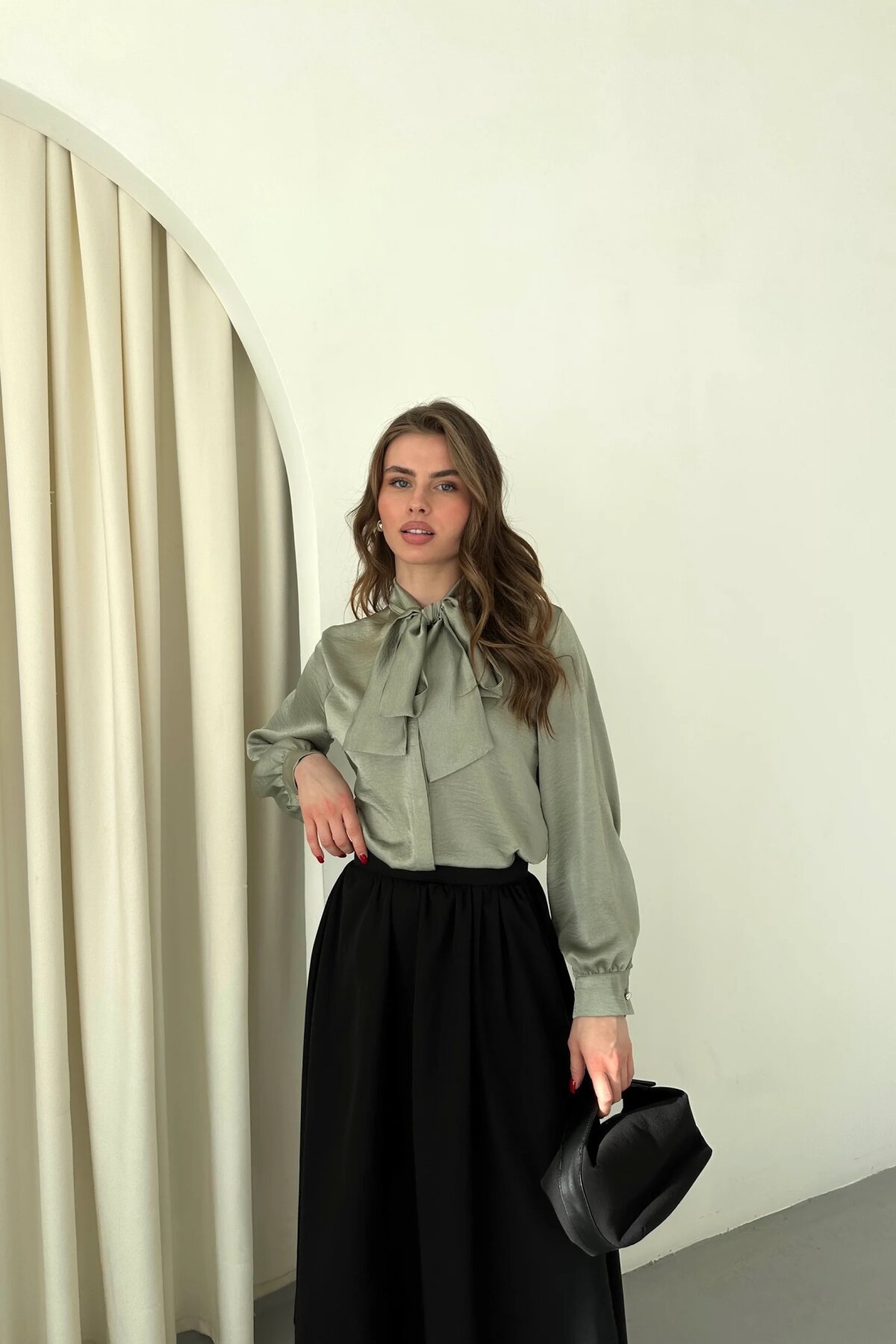 Classic Plain Satin Bow-Detail Shirt - Mint - Milamia