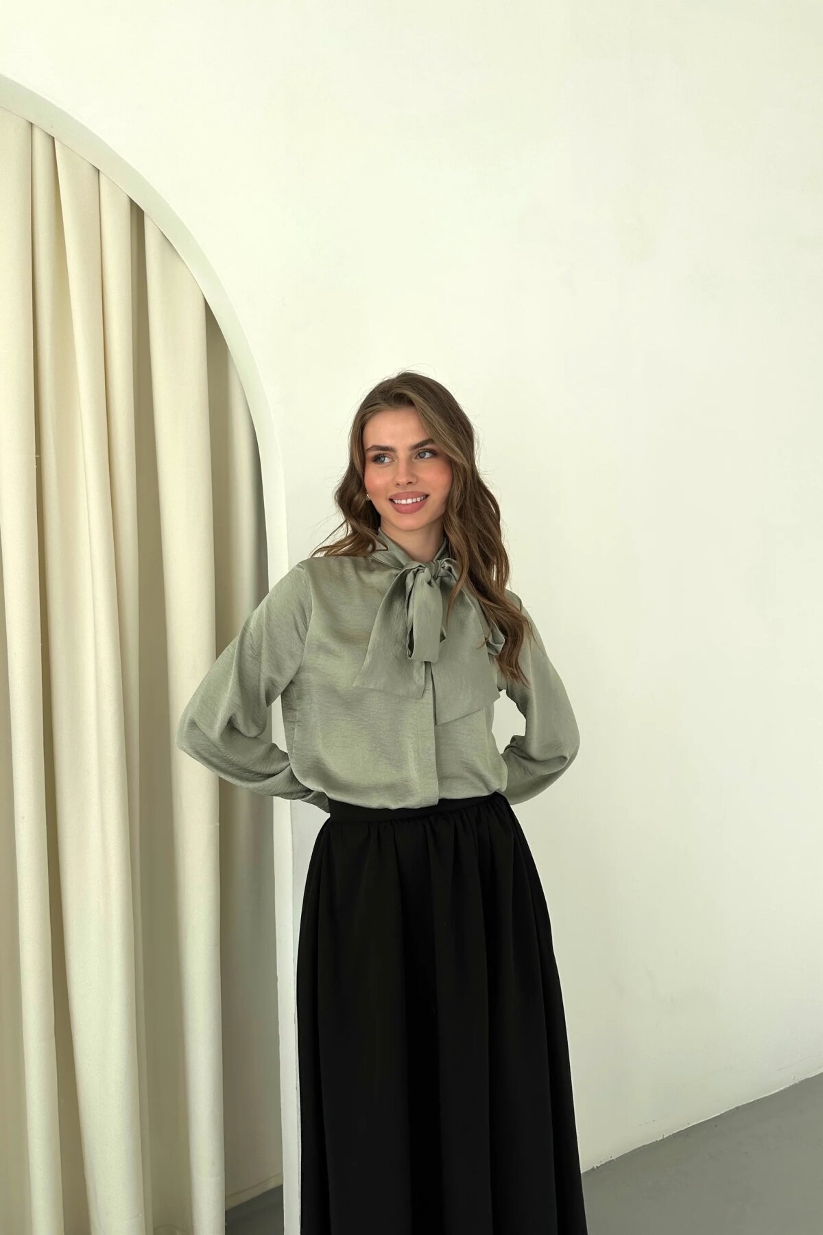 Classic Plain Satin Bow-Detail Shirt - Mint - Milamia