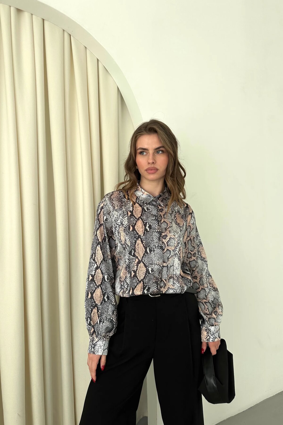 Digital Print Patterned Satin Shirt - Powder - Milamia