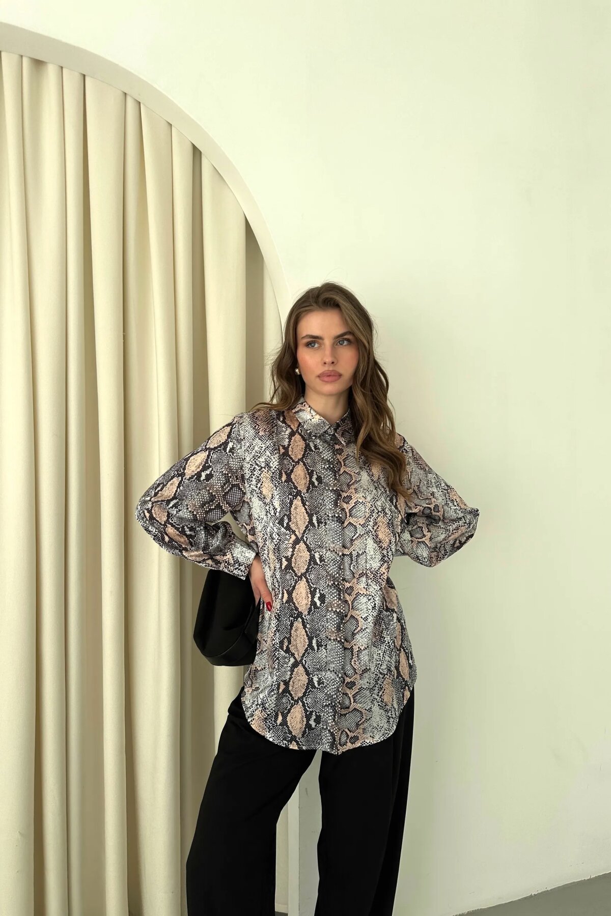 Digital Print Patterned Satin Shirt - Powder - Milamia