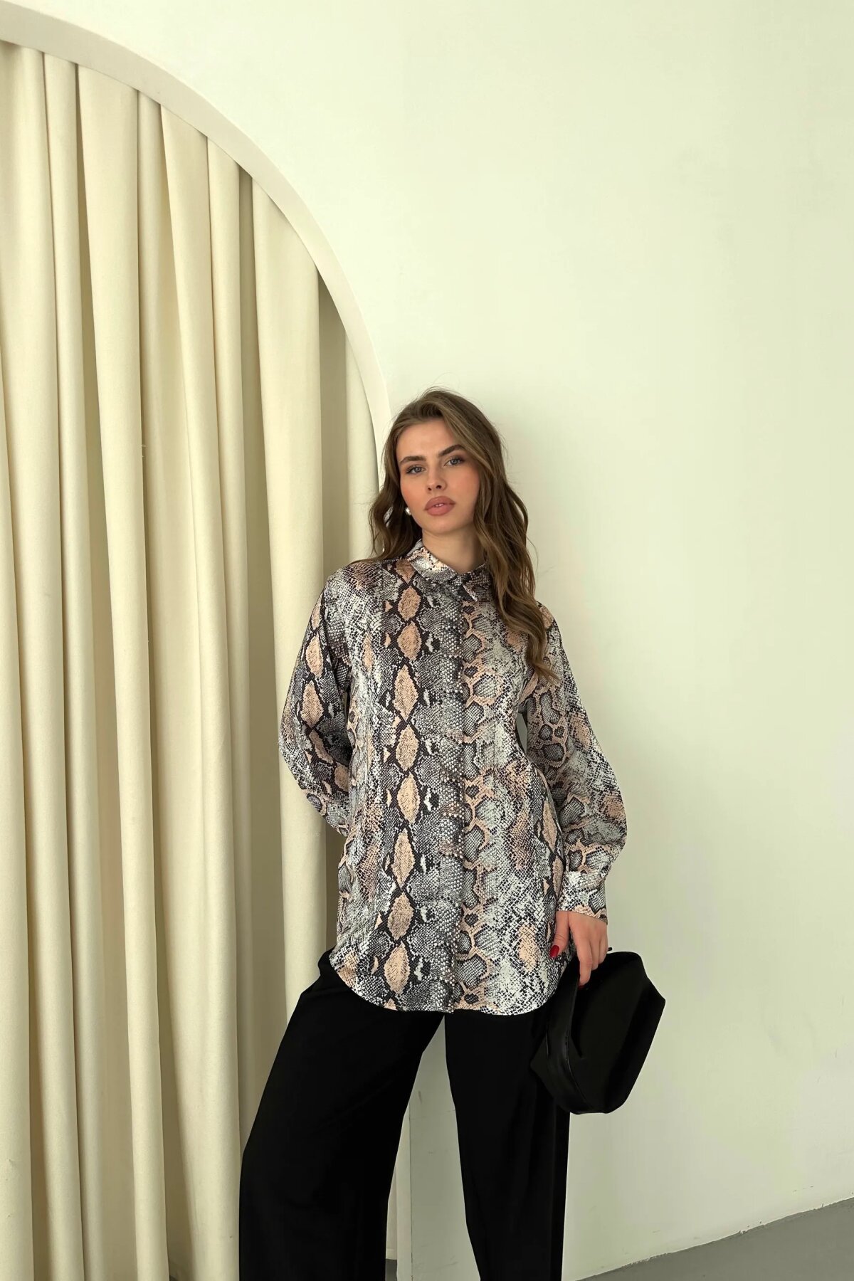 Digital Print Patterned Satin Shirt - Powder - Milamia