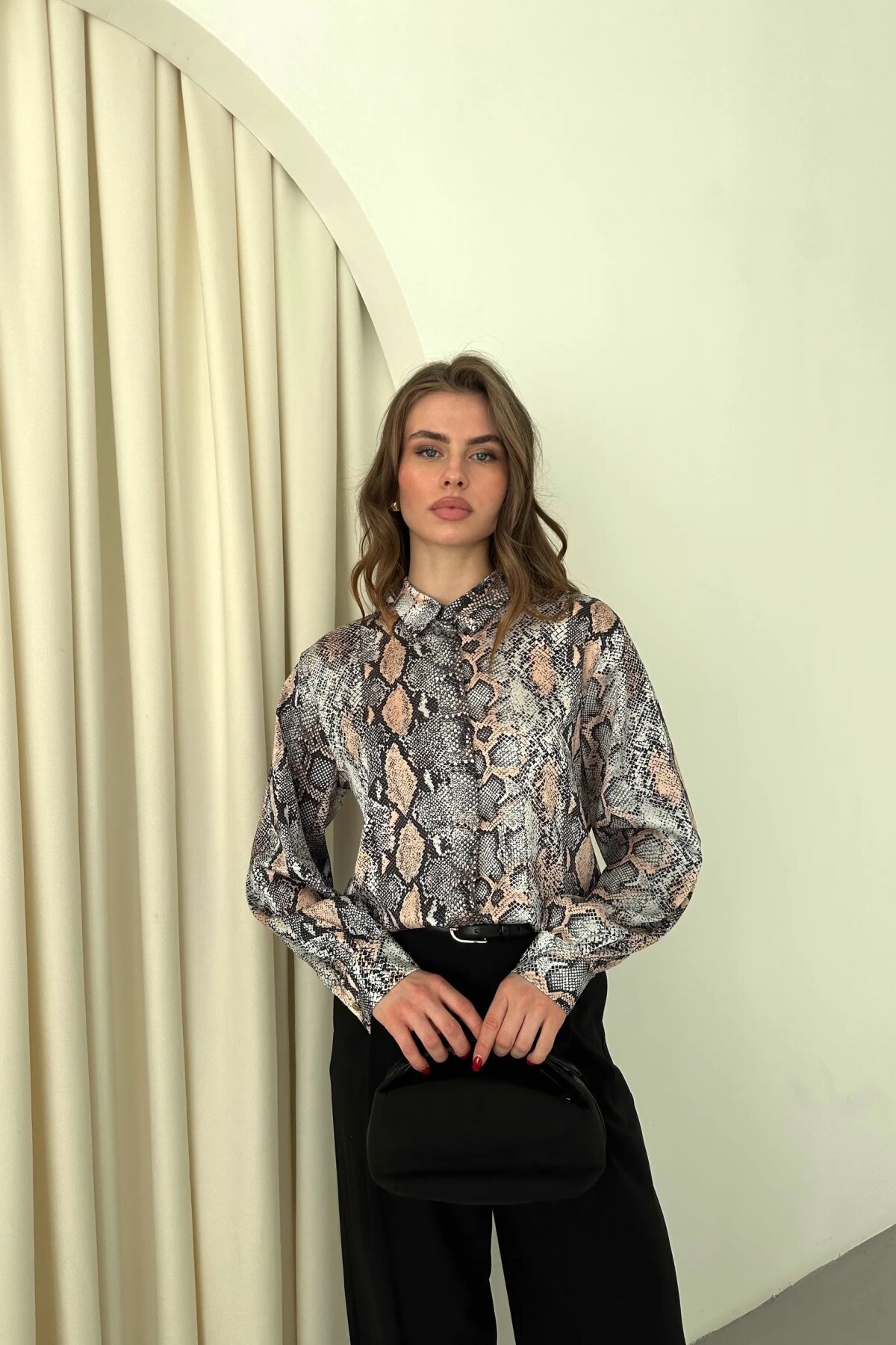 Digital Print Patterned Satin Shirt - Powder - Milamia