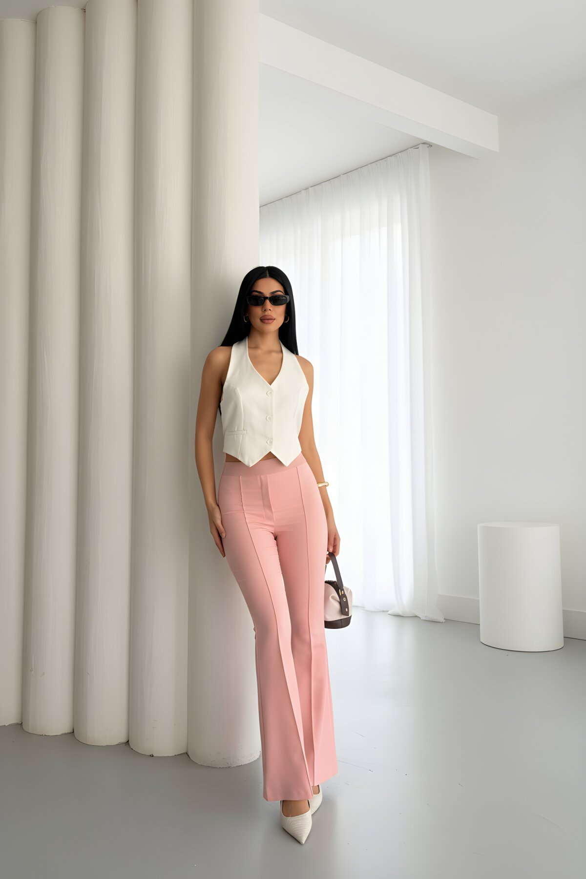 Pudra İspanyol Paça Beli Lastikli Çimalı Pantolon - Milamia