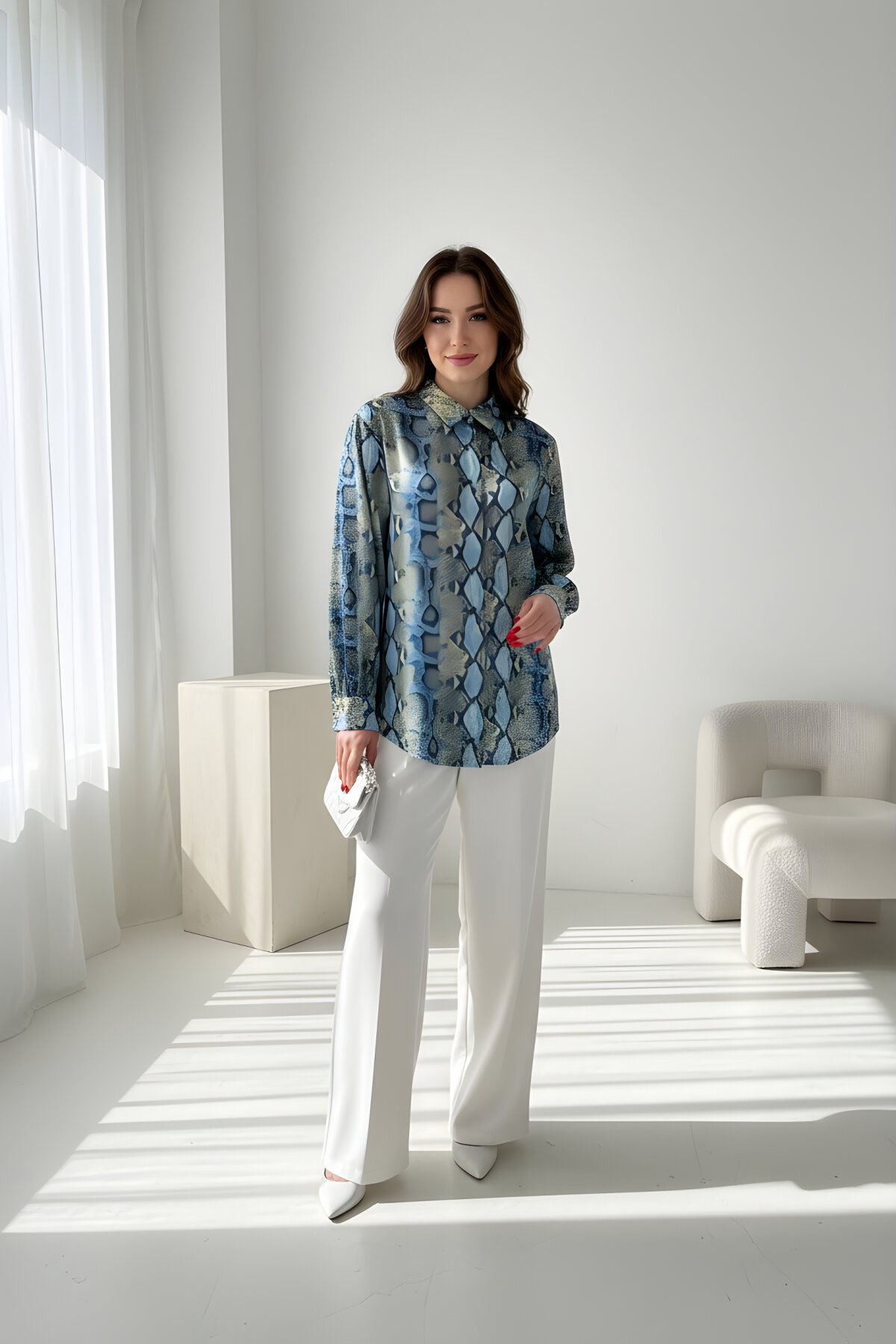 Sarı Dijital Baskı Desenli Saten Gömlek - Milamia