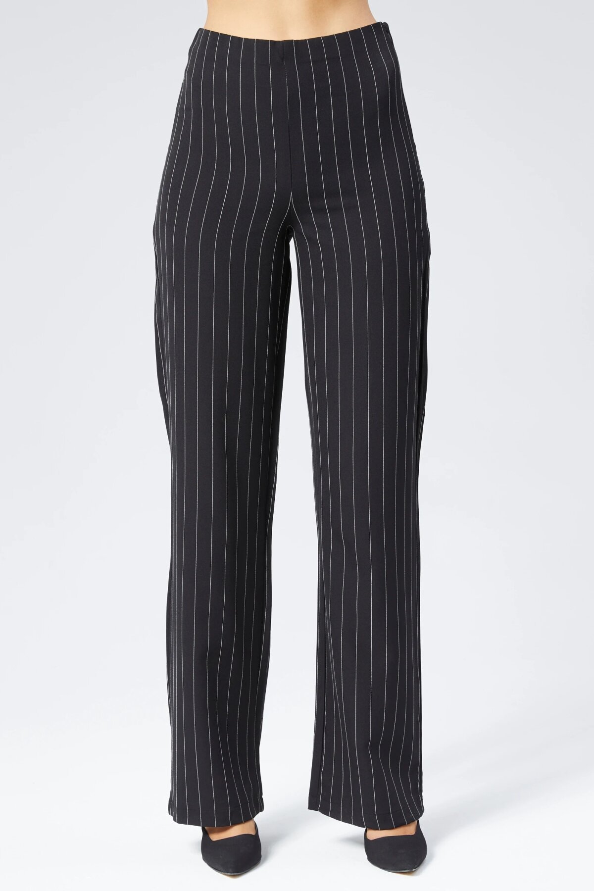 Wide Leg Striped Fabric Pants - Black - Milamia