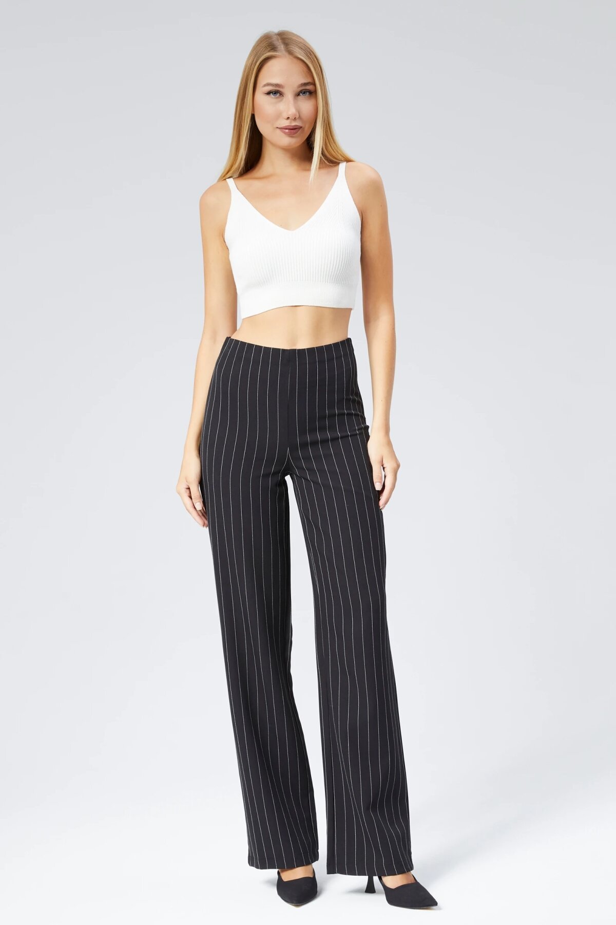 Wide Leg Striped Fabric Pants - Black - Milamia
