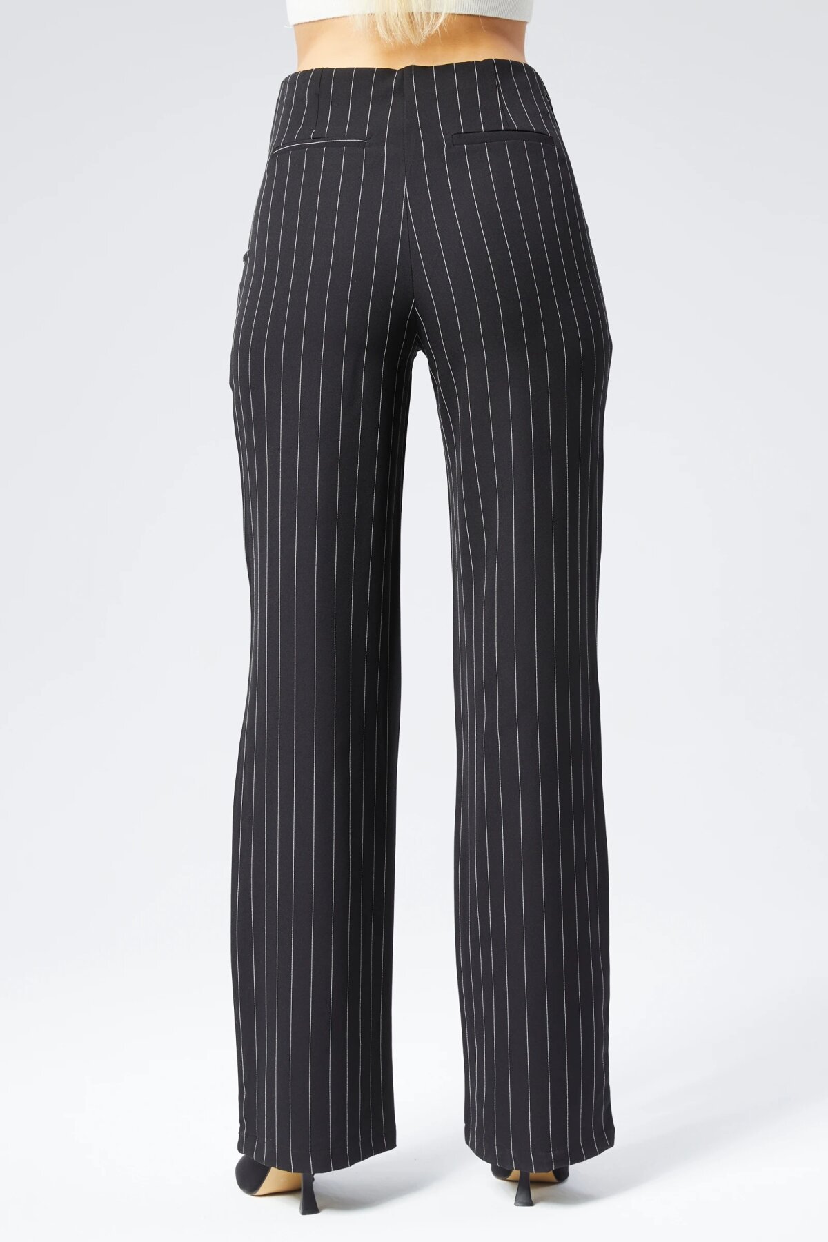 Wide Leg Striped Fabric Pants - Black - Milamia