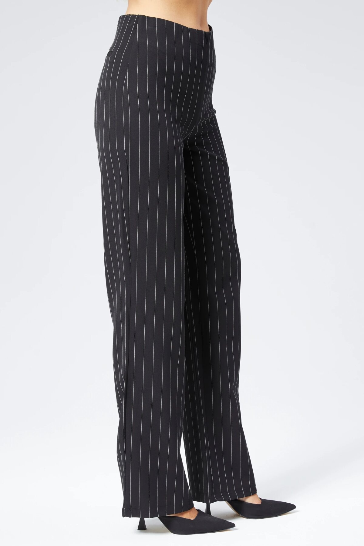 Wide Leg Striped Fabric Pants - Black - Milamia
