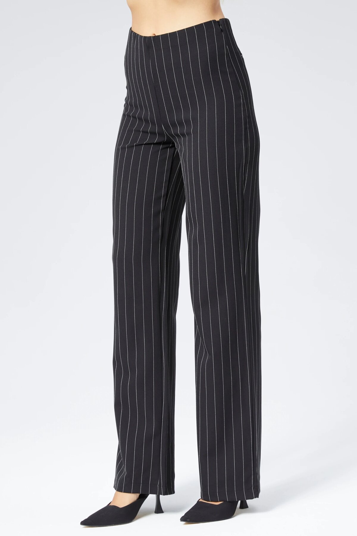 Wide Leg Striped Fabric Pants - Black - Milamia