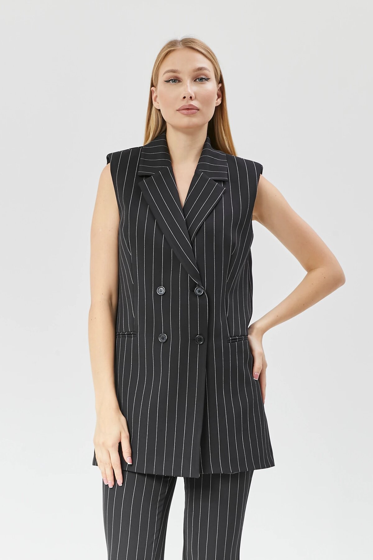 Long Classic Striped Vest - Black - Milamia