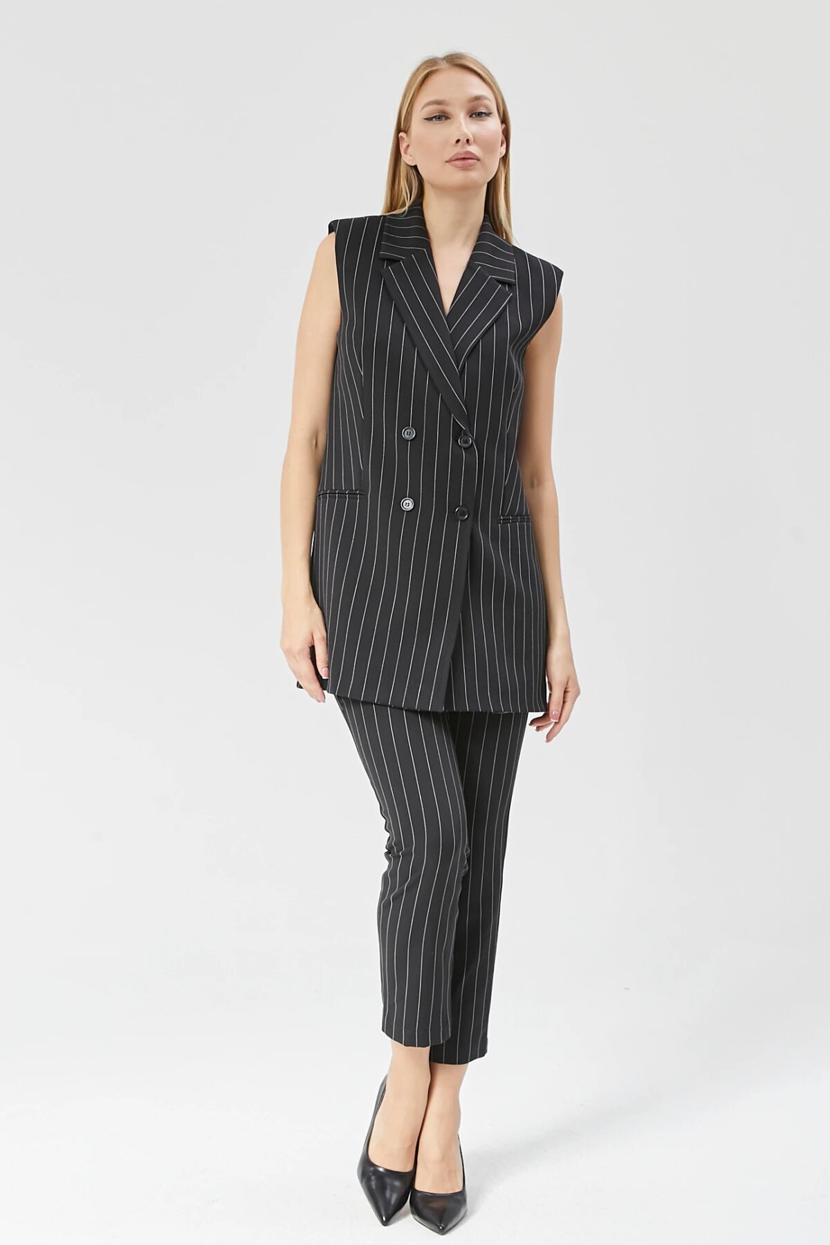 Long Classic Striped Vest - Black - Milamia