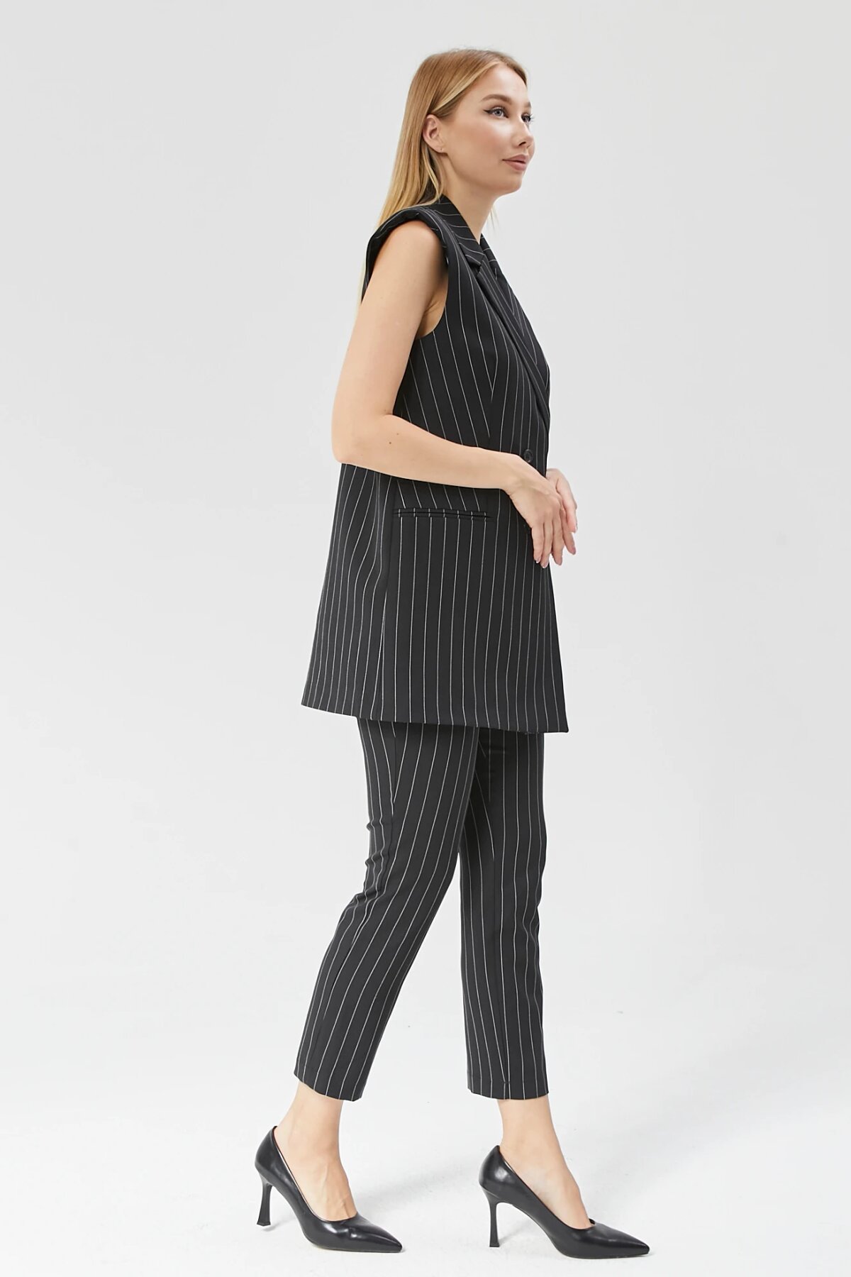 Long Classic Striped Vest - Black - Milamia