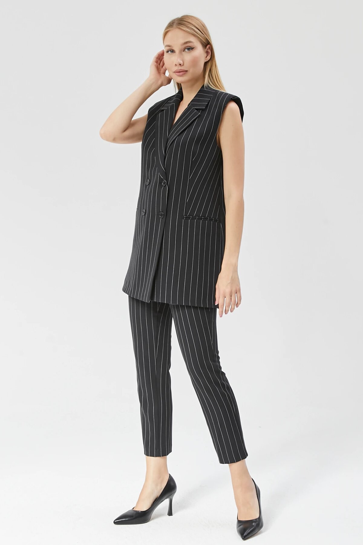 Long Classic Striped Vest - Black - Milamia