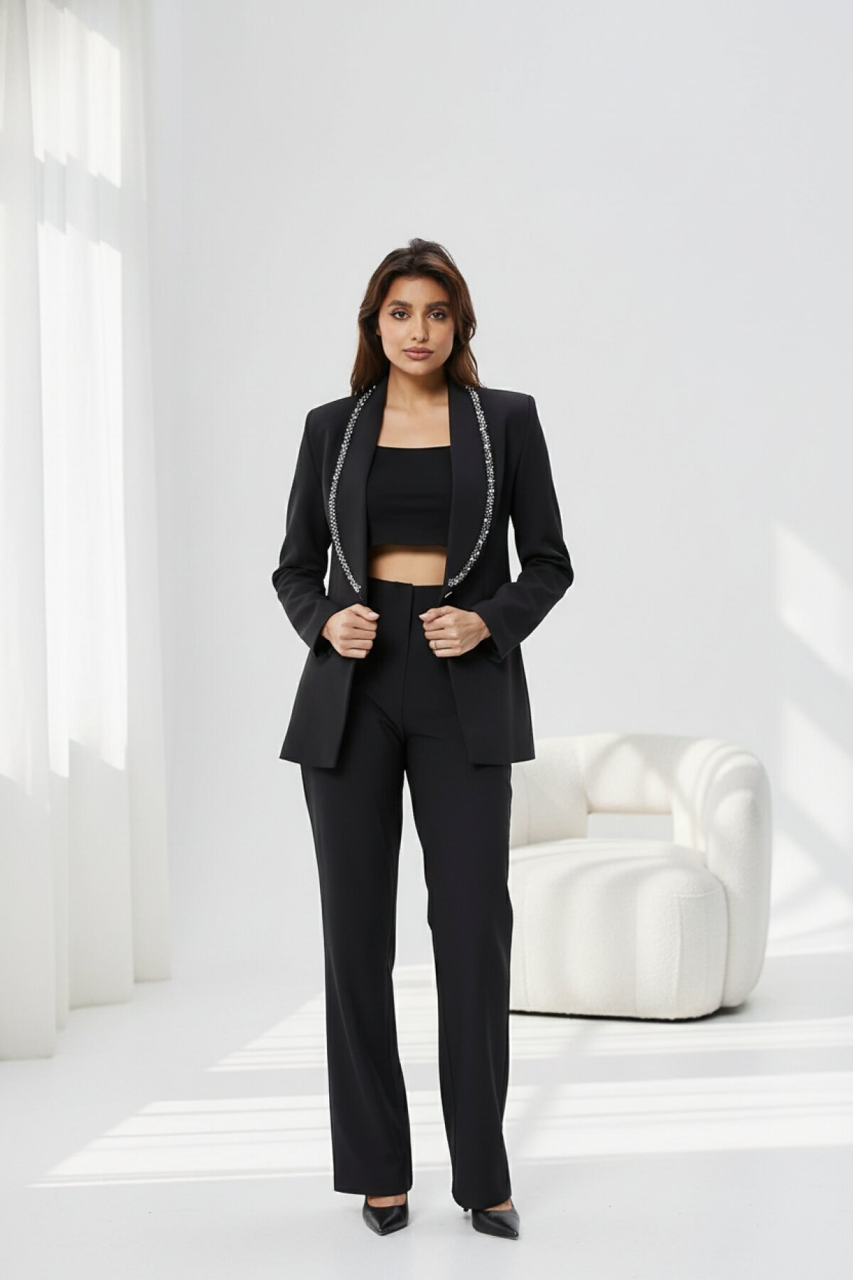 Stone-Embroidered Collar Button-Up Modest Jacket - Black - Milamia